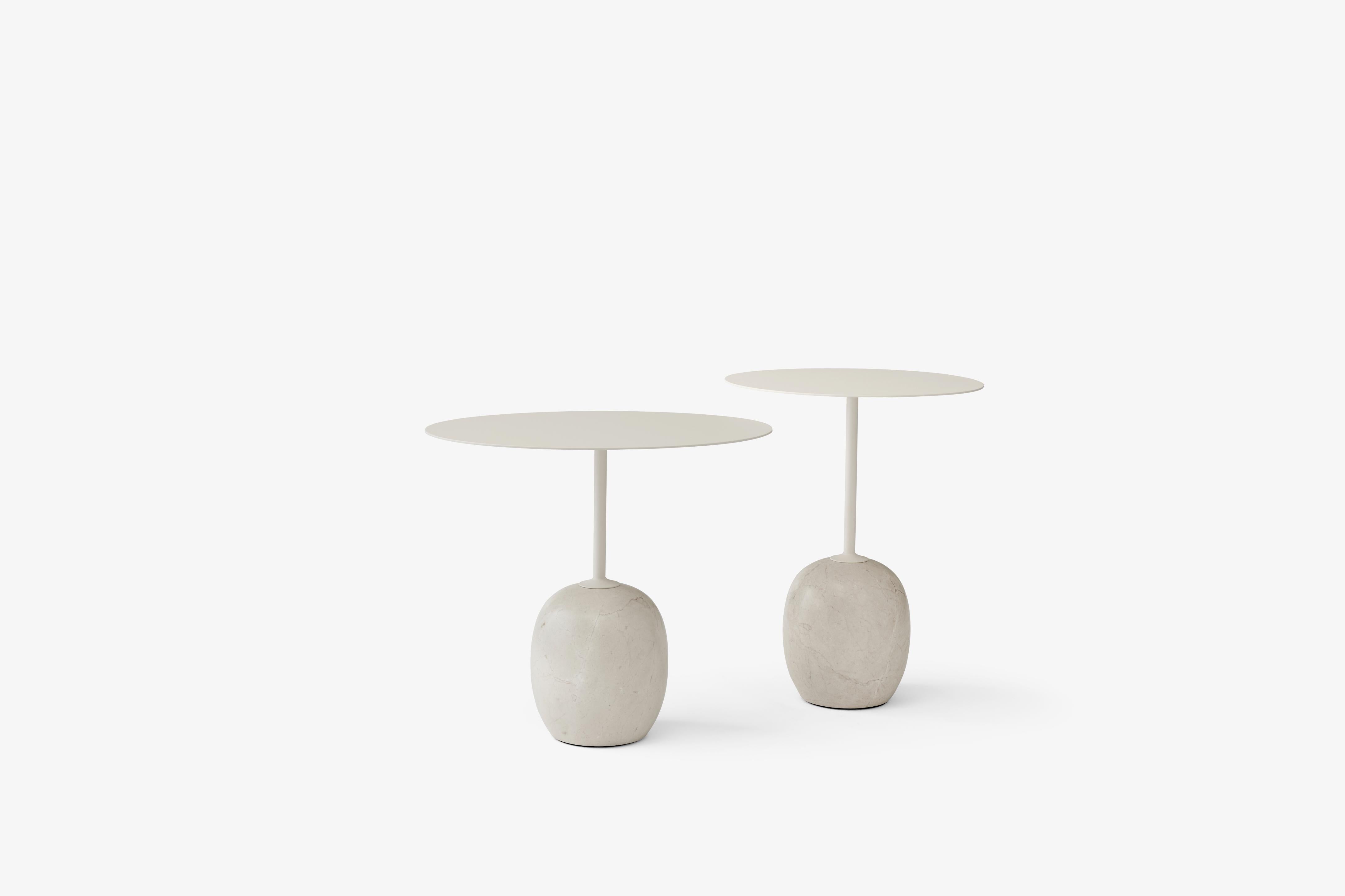 LATO side table with a cream top and beige marble base