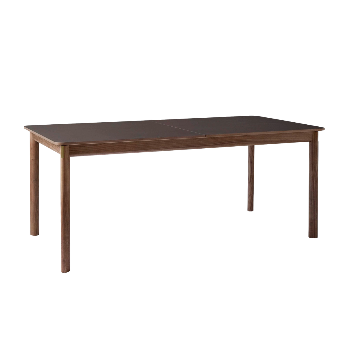 PATCH extendable table with a brown laminated top and walnut base