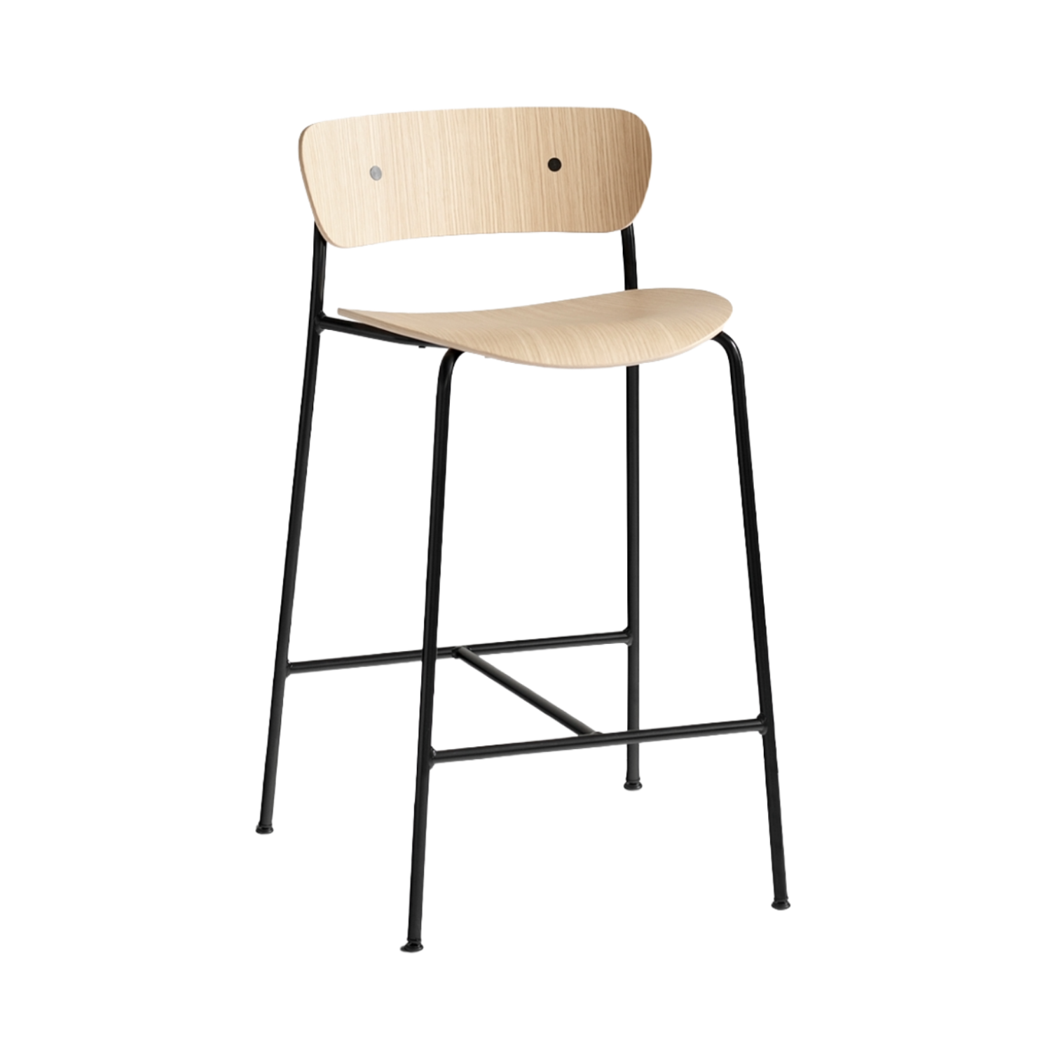 PAVILION Bar Stool with Backrest, Lacquered Oak and Black Steel Base