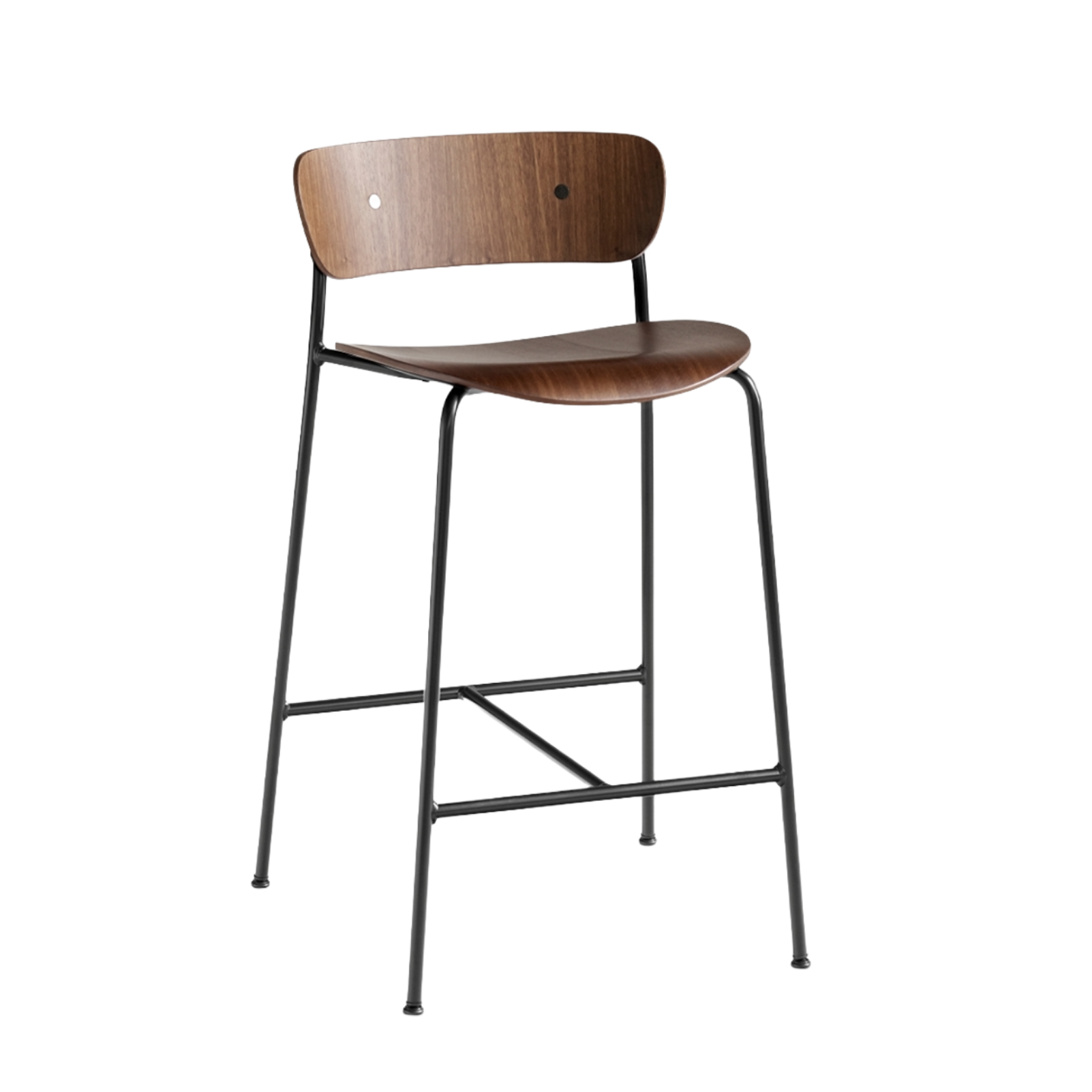 PAVILION Bar Stool with Backrest, Lacquered Walnut and Black Steel Base