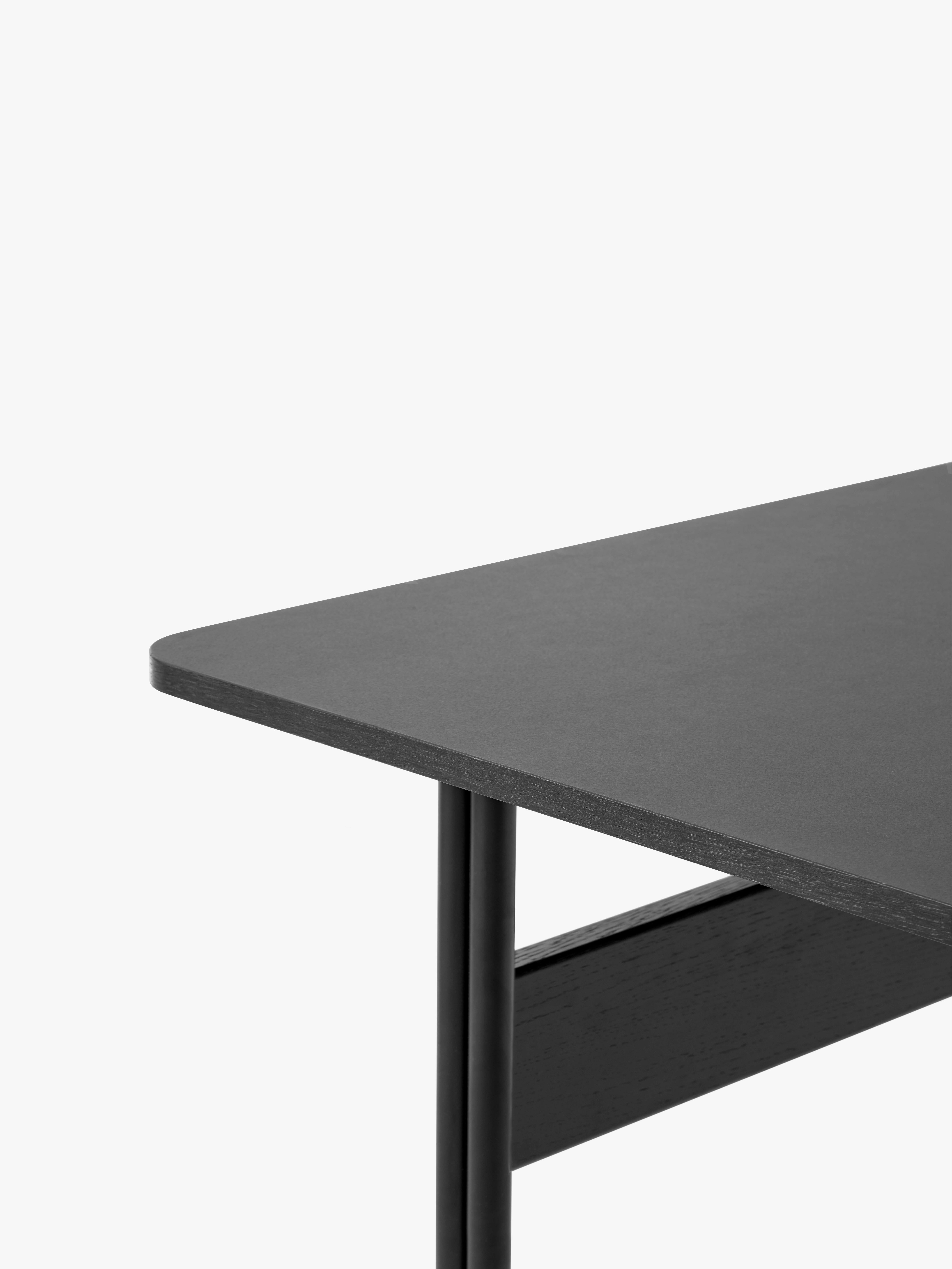 PAVILION desk with a black linoleum top, black oak finish, and black steel base