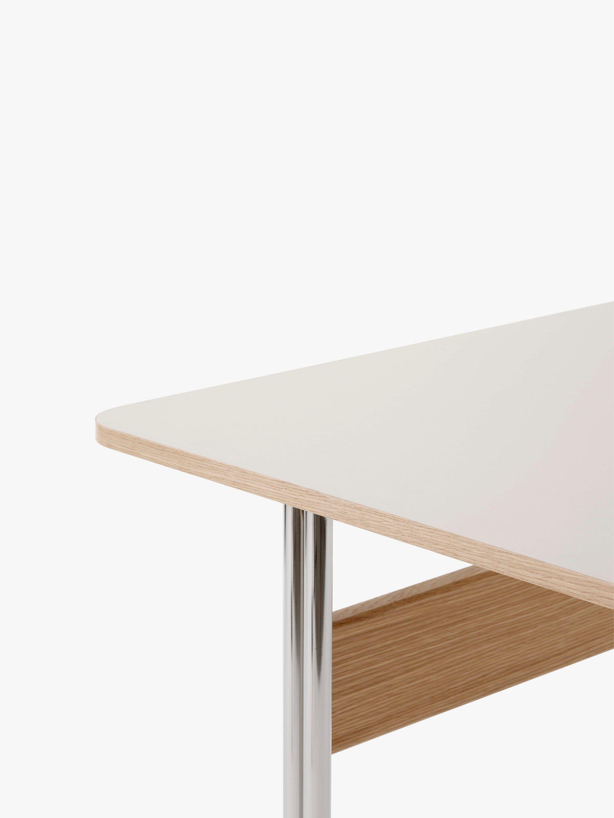 PAVILION desk with a beige linoleum top, oak finish, and steel base