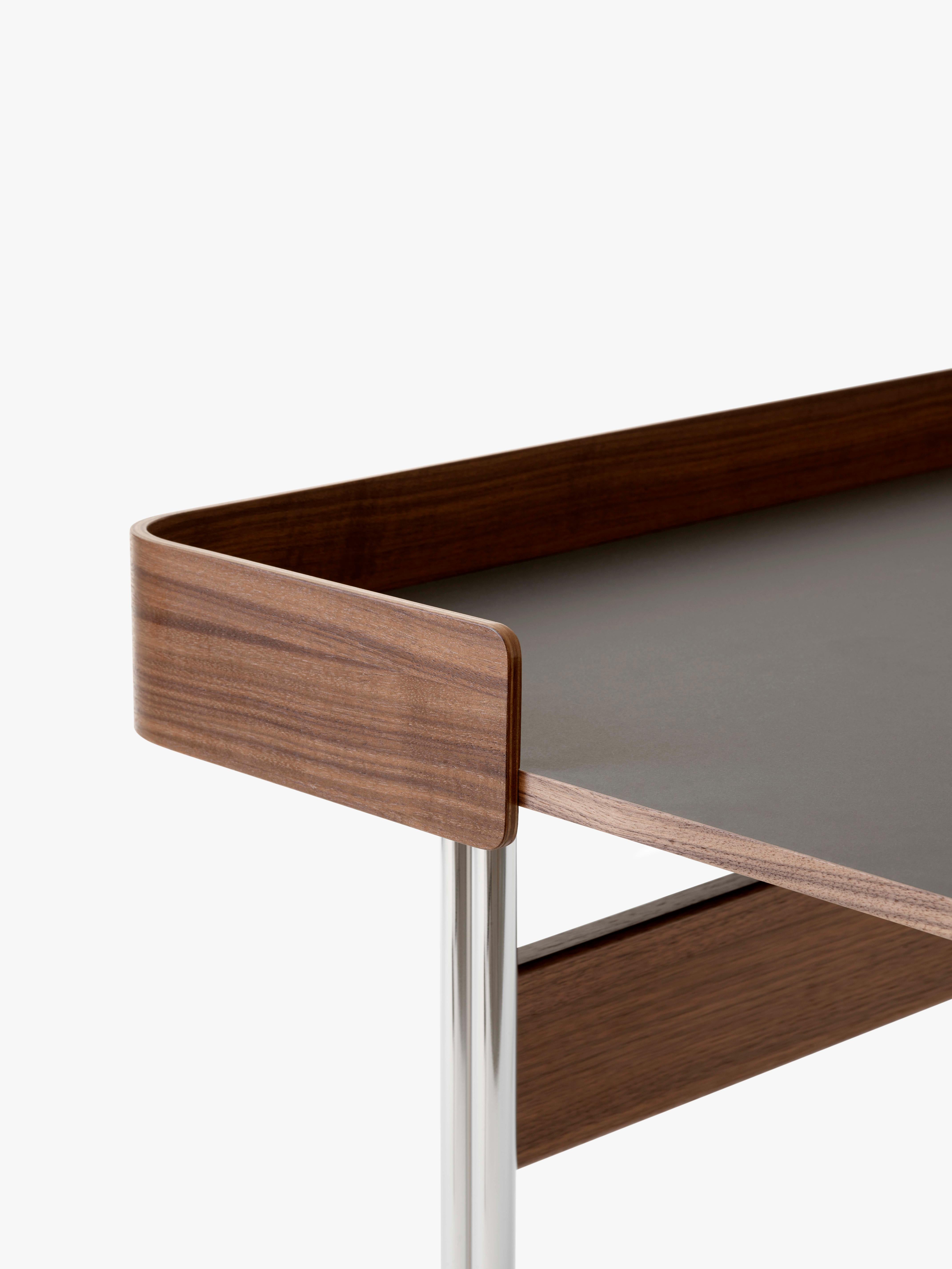 PAVILION desk with a graphite linoleum top, walnut finish, and steel base