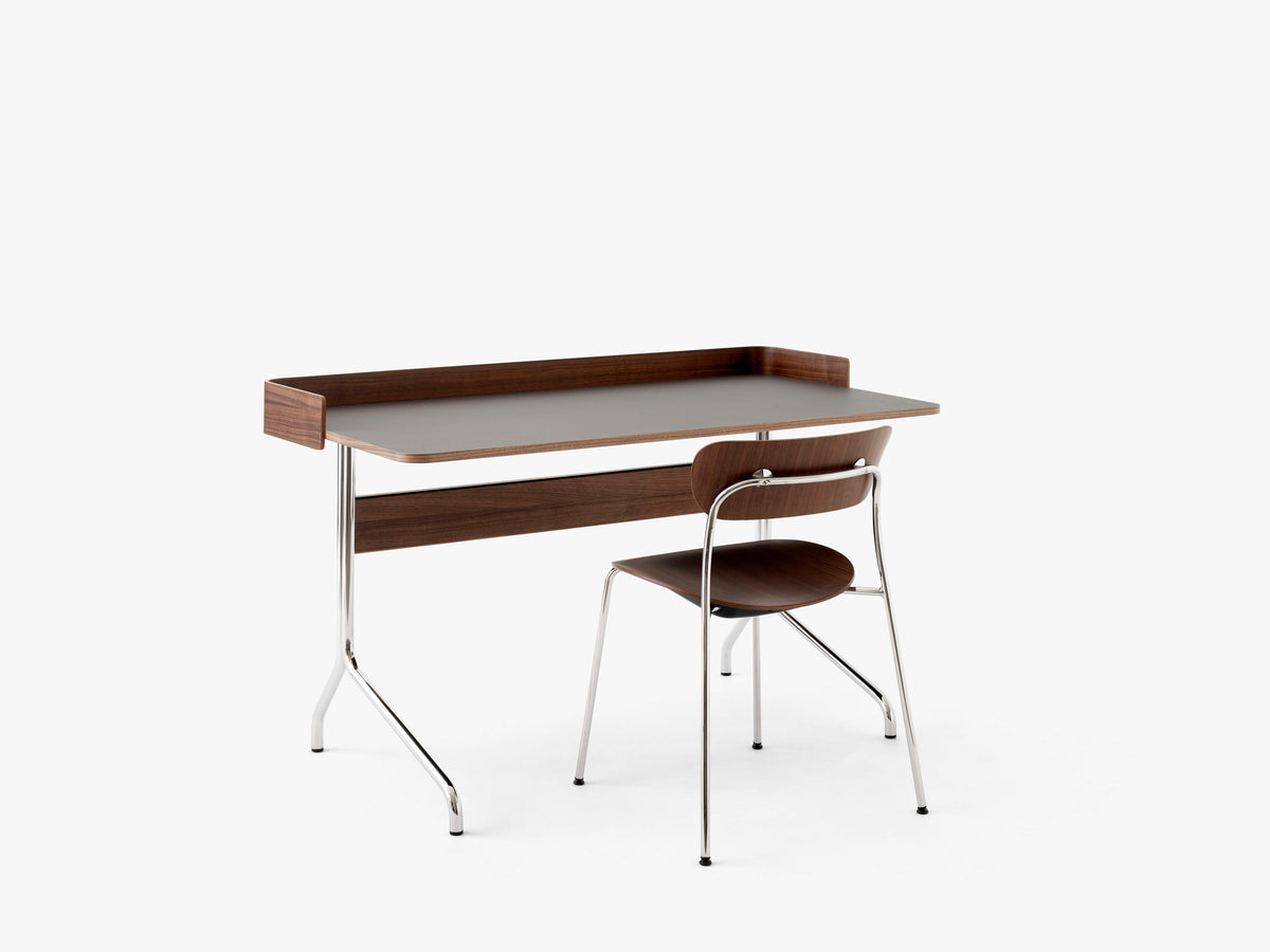 PAVILION desk with a graphite linoleum top, walnut finish, and steel base