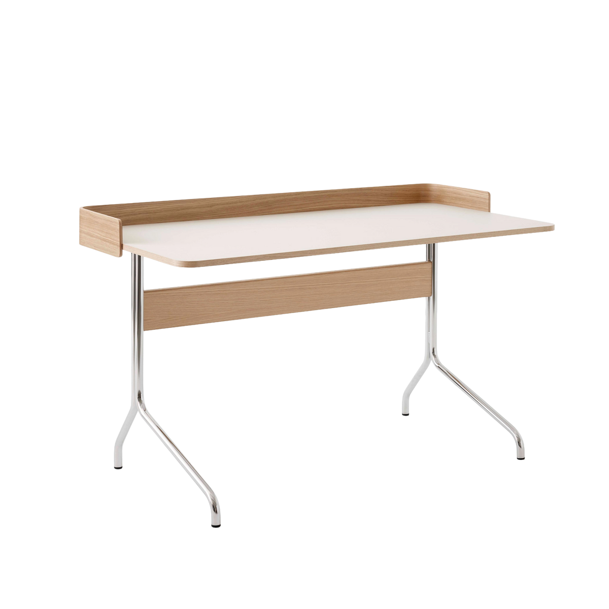 PAVILION desk with a beige linoleum top, oak finish, and steel base