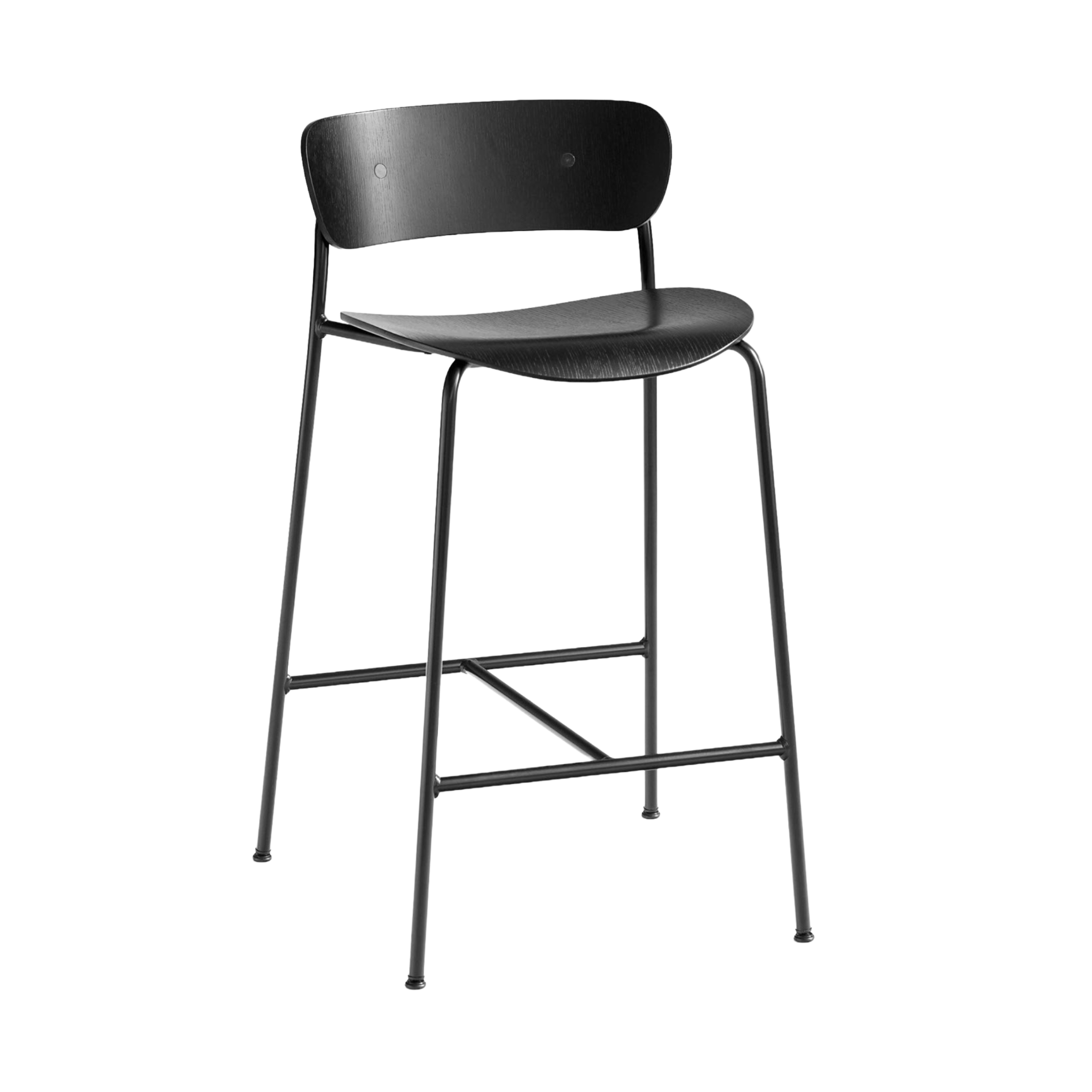 PAVILION Bar Stool with Backrest, Black Lacquered Oak and Black Steel Base