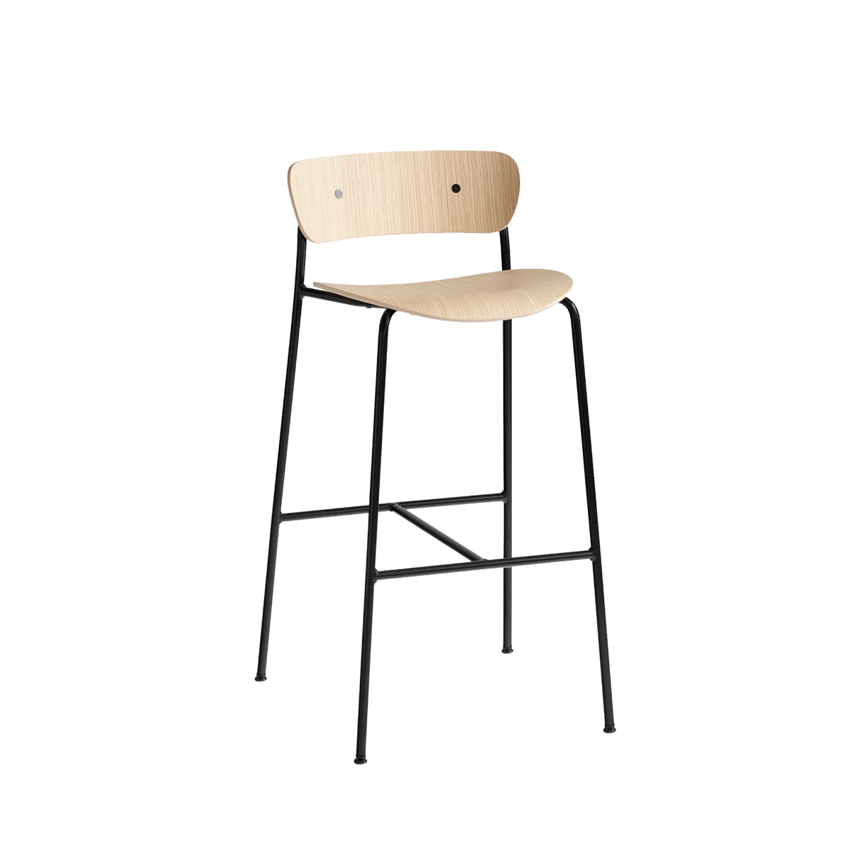 PAVILION Bar Stool with Backrest, Lacquered Oak and Black Steel Base