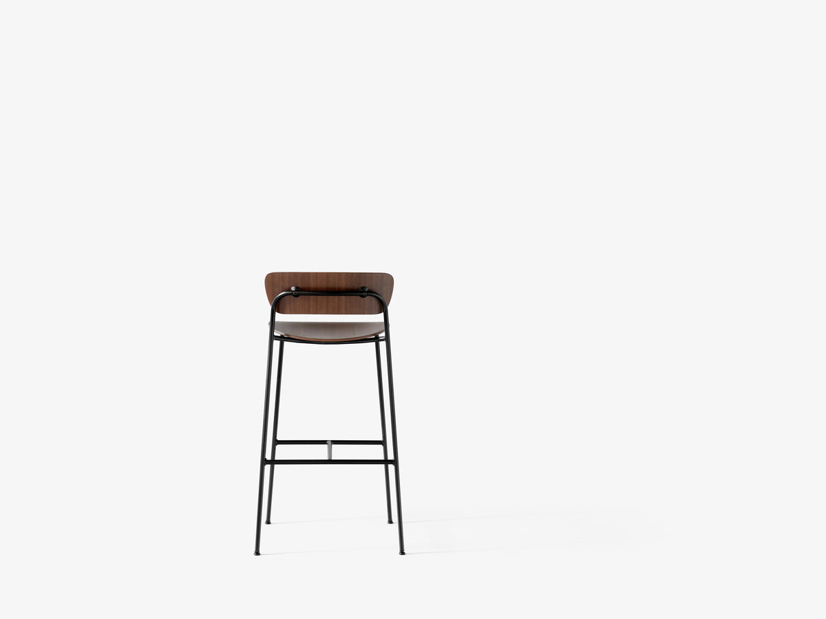 PAVILION Bar Stool with Backrest, Lacquered Walnut and Black Steel Base