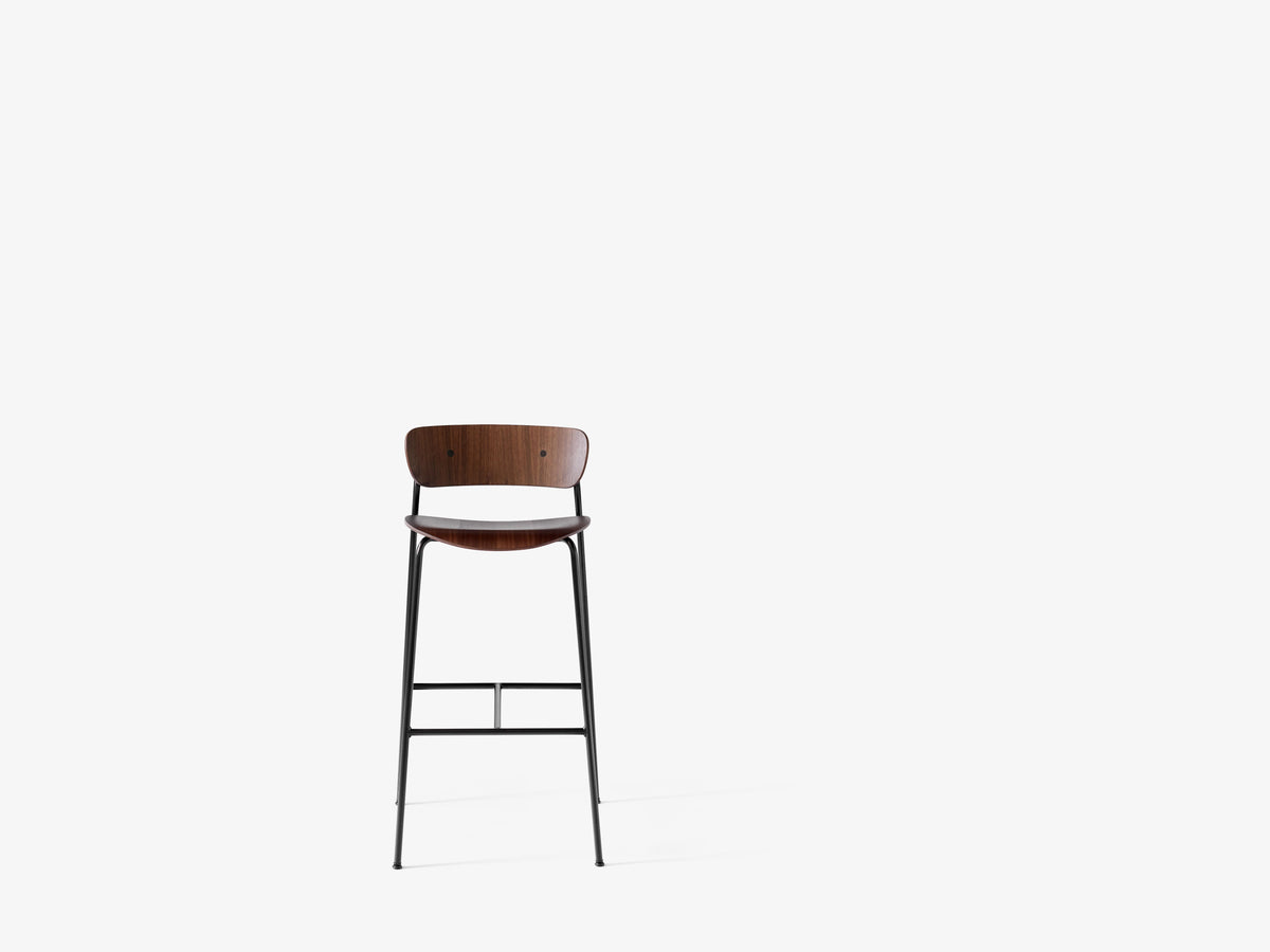 PAVILION Bar Stool with Backrest, Lacquered Walnut and Black Steel Base