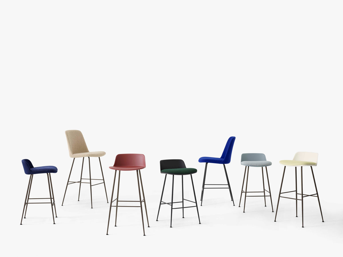 RELY bar stool in white with a brown steel base