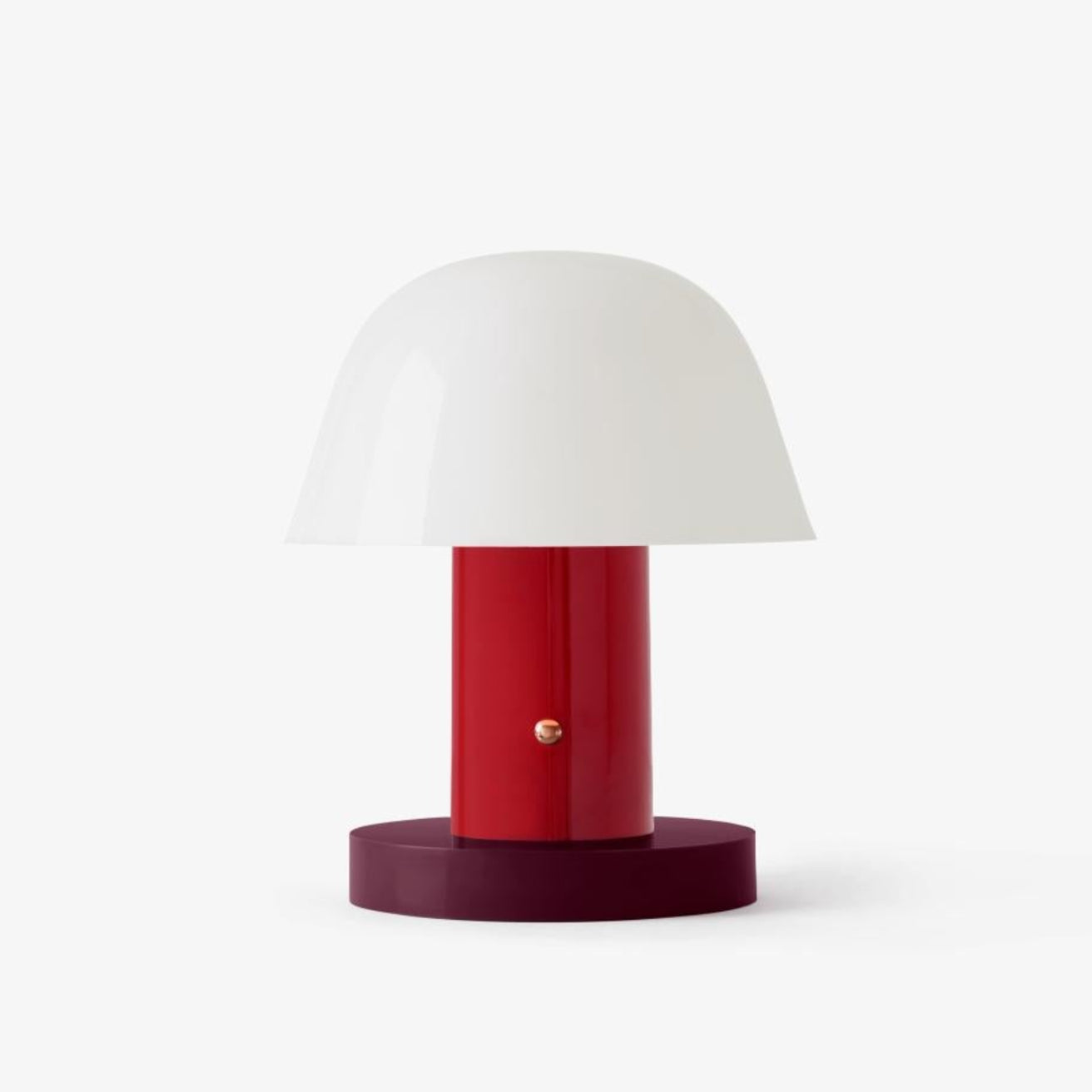 Portable lamp SETAGO JH27 with a cream shade and dark red base.