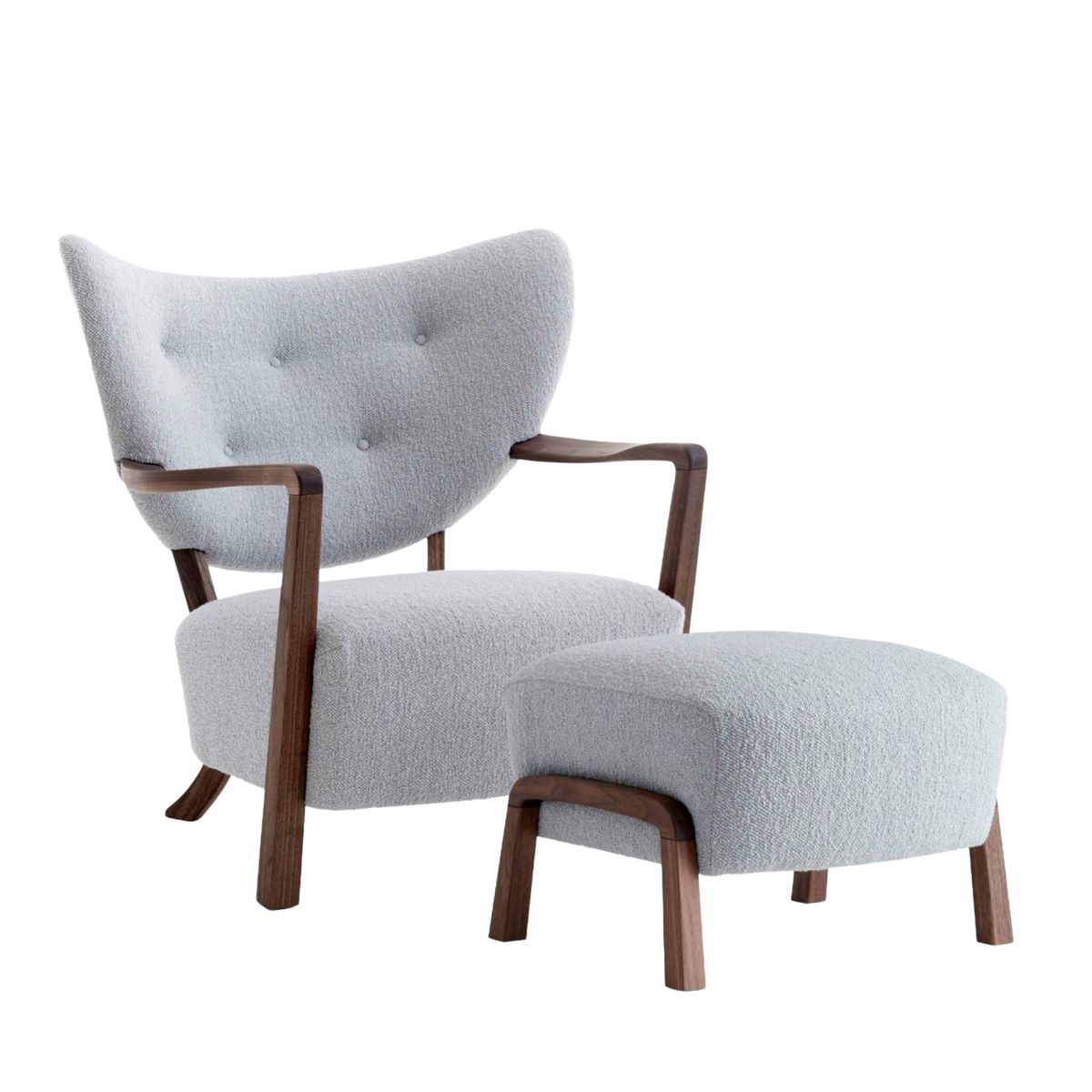 WULFF armchair with ottoman upholstered with a walnut base