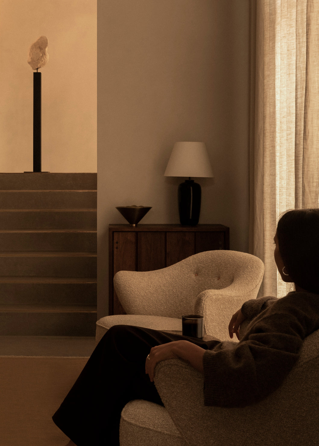 INGEBORG VORG Armchair with Sheepskin and Dark Oak Base