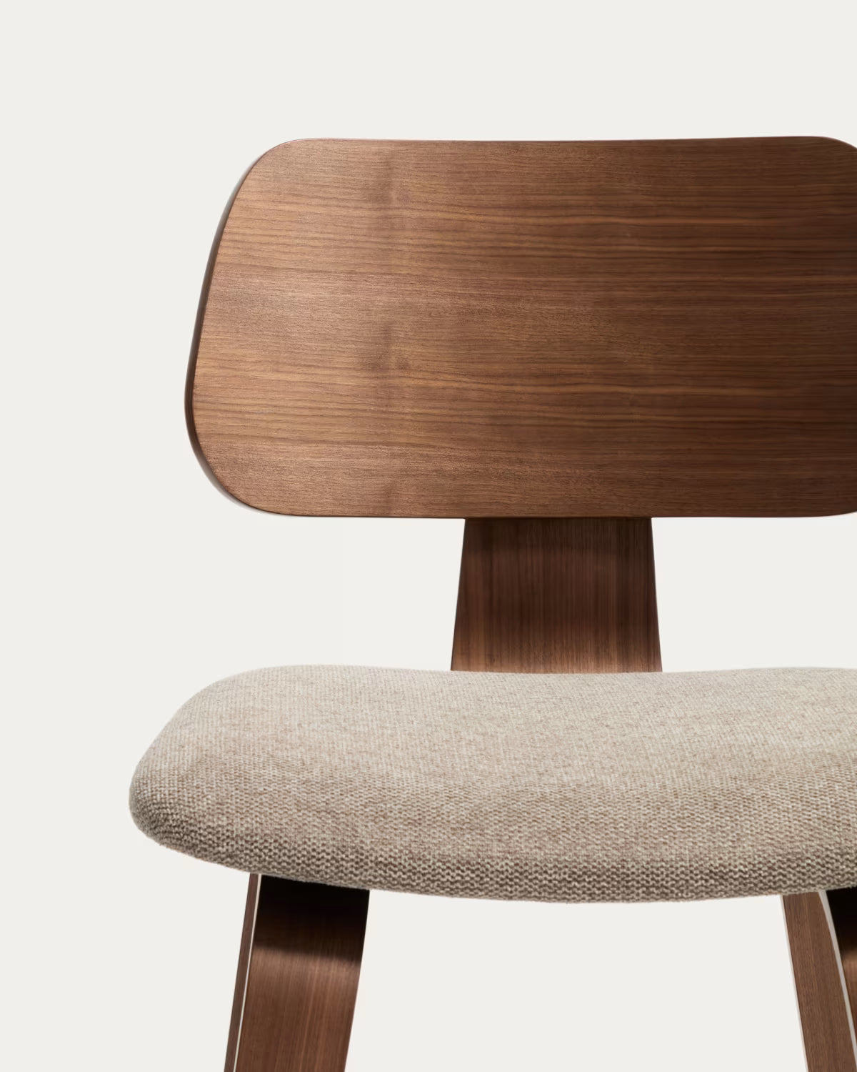 GENA bar stool in beige chenille with a veneered walnut base.