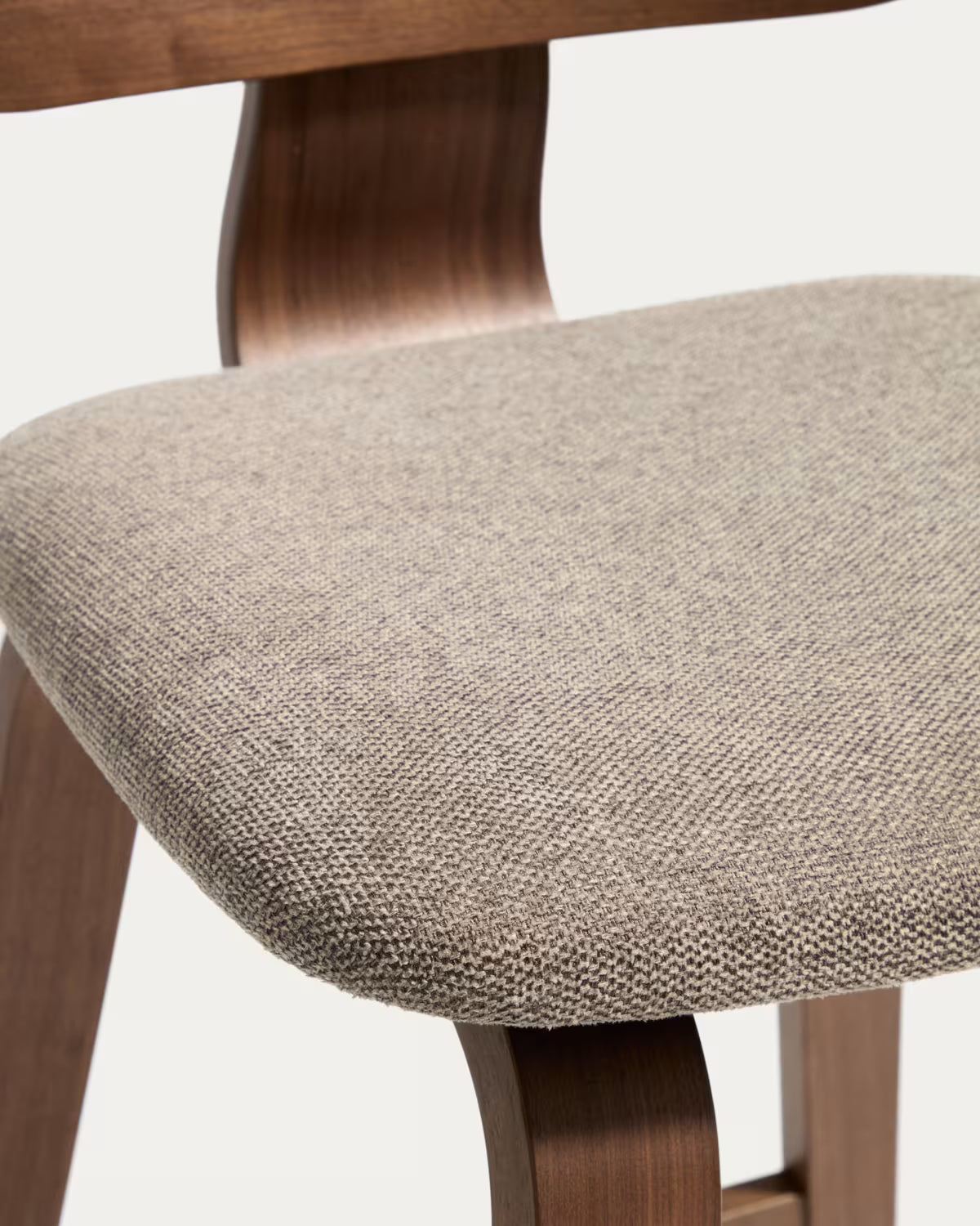 GENA bar stool in beige chenille with a veneered walnut base.