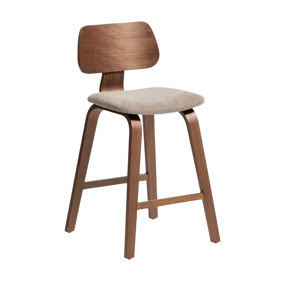 GENA bar stool in beige chenille with a veneered walnut base.