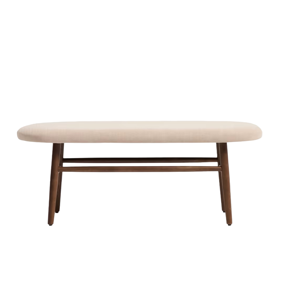 HELD bench in beige chenille with a dark veneered oak base.