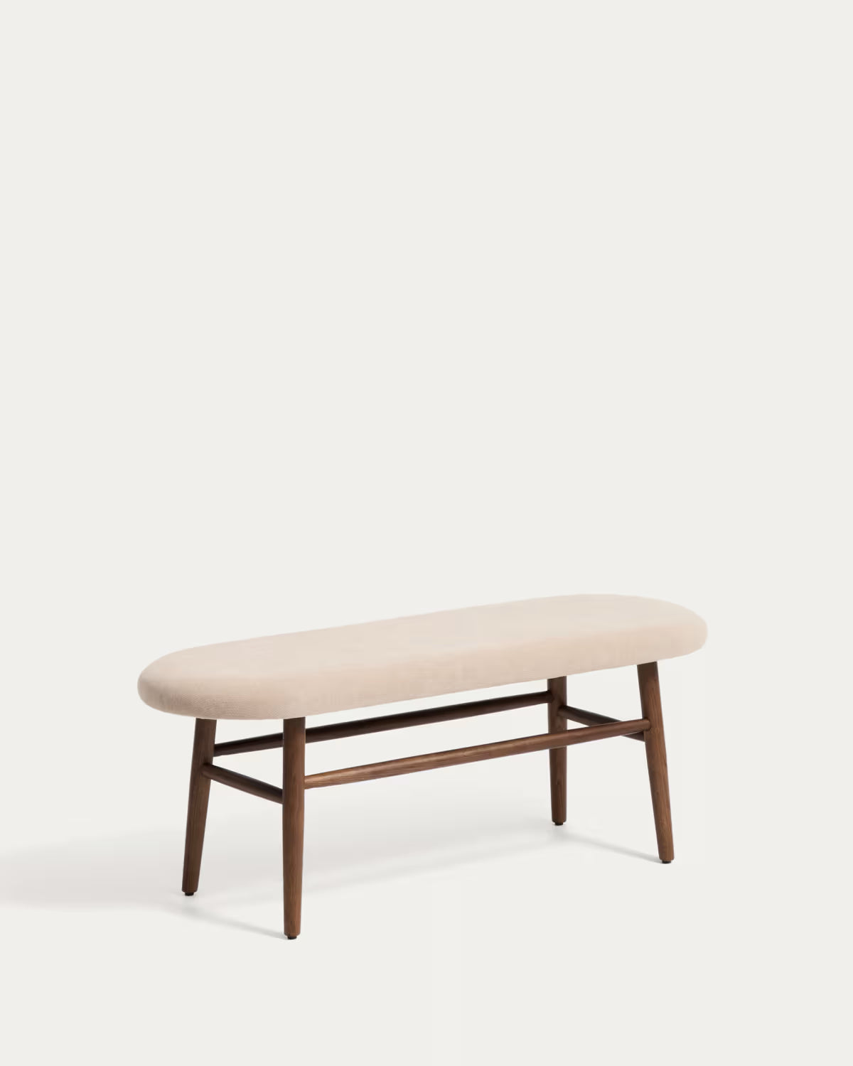 HELD bench in beige chenille with a dark veneered oak base.