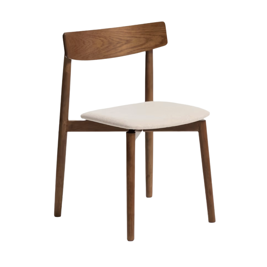 EVERA chair in beige chenille with a dark oak veneered base.