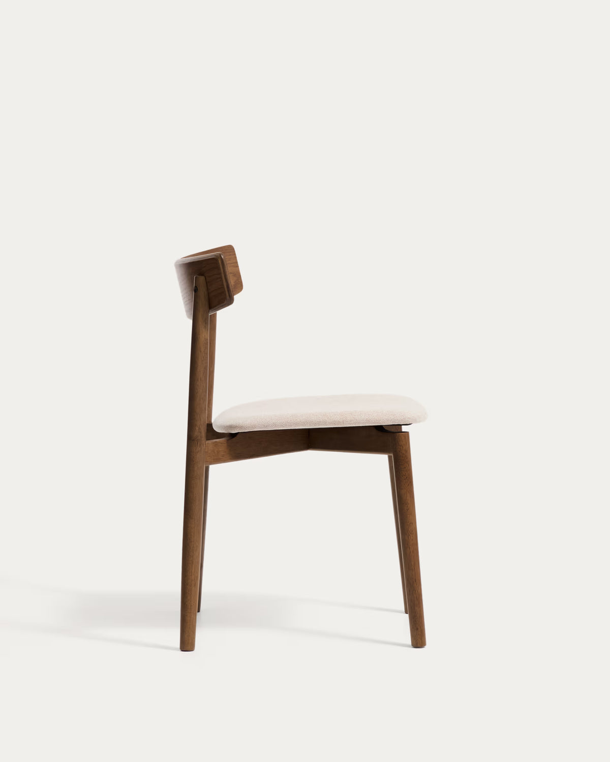 EVERA chair in beige chenille with a dark oak veneered base.