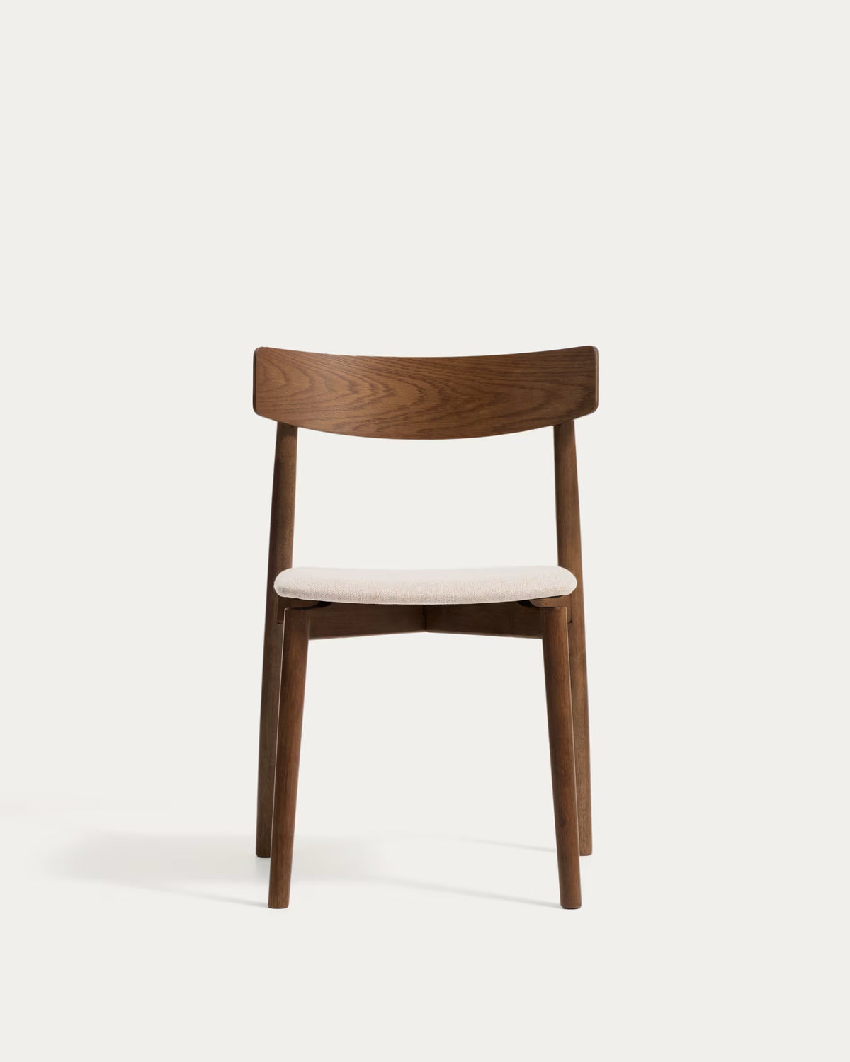 EVERA chair in beige chenille with a dark oak veneered base.