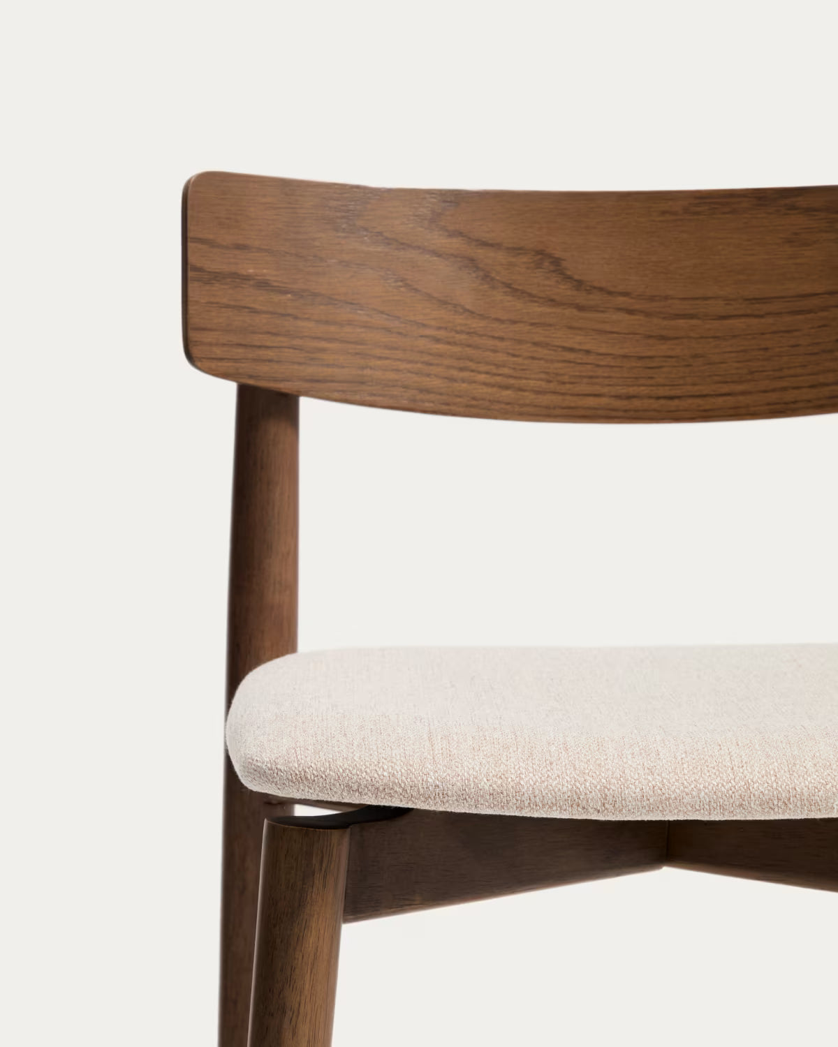 EVERA bar stool in beige chenille with a dark veneered oak base.