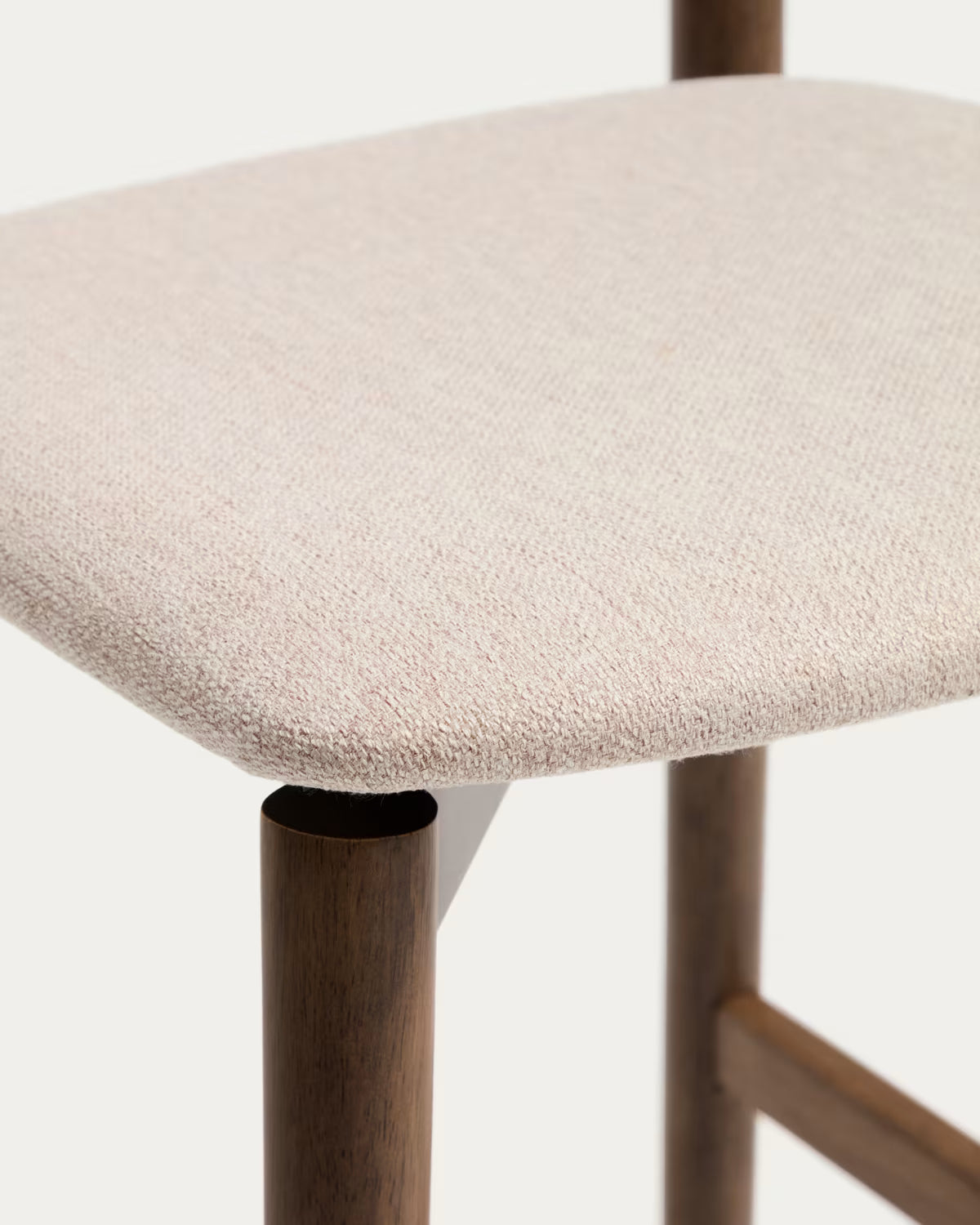 EVERA bar stool in beige chenille with a dark veneered oak base.
