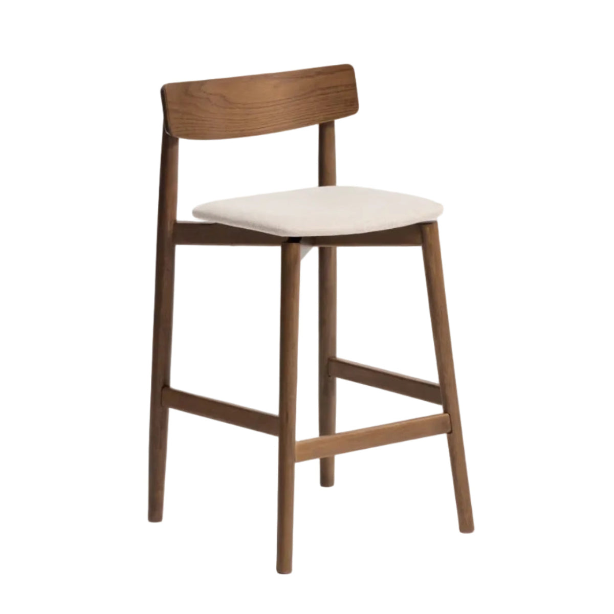 EVERA bar stool in beige chenille with a dark veneered oak base.