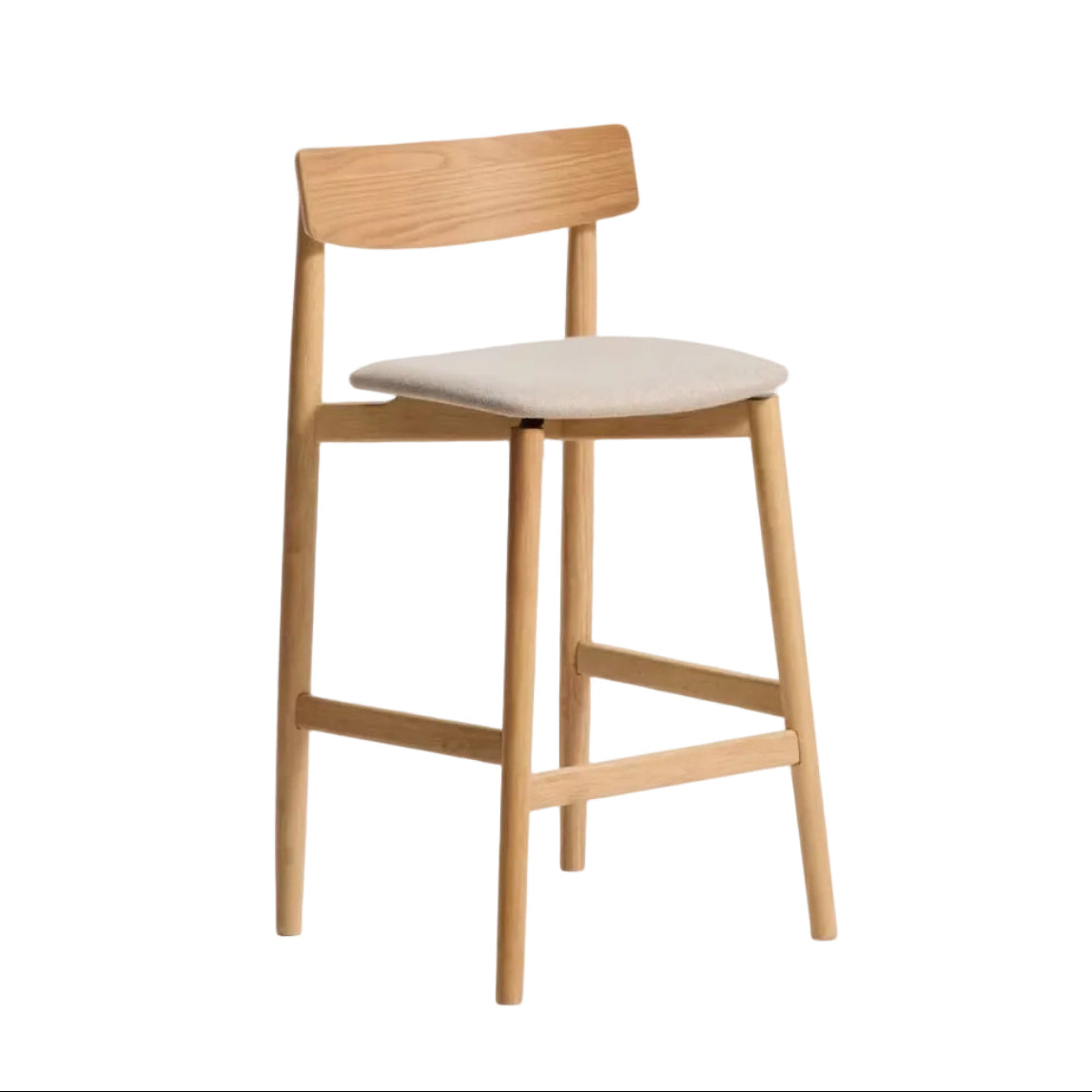 EVERA bar stool in beige chenille with a veneered oak base.
