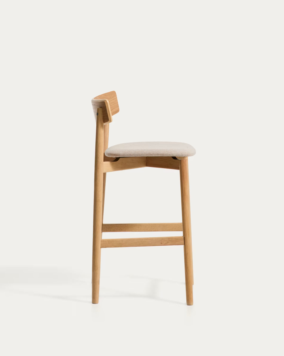 EVERA bar stool in beige chenille with a veneered oak base.