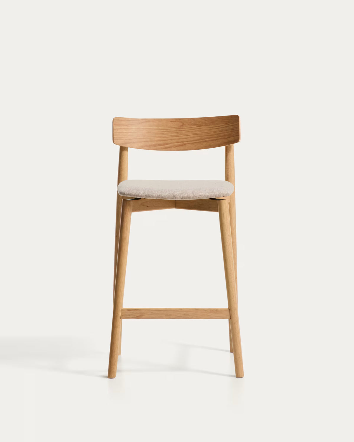 EVERA bar stool in beige chenille with a veneered oak base.