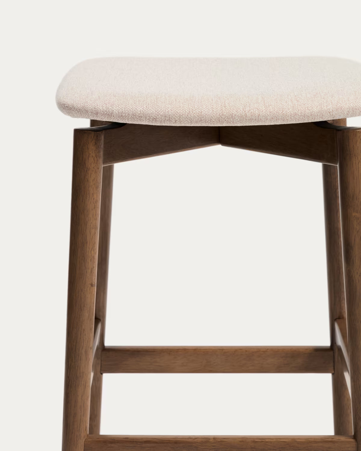 EVERA beige chenille stool with a dark veneered oak base
