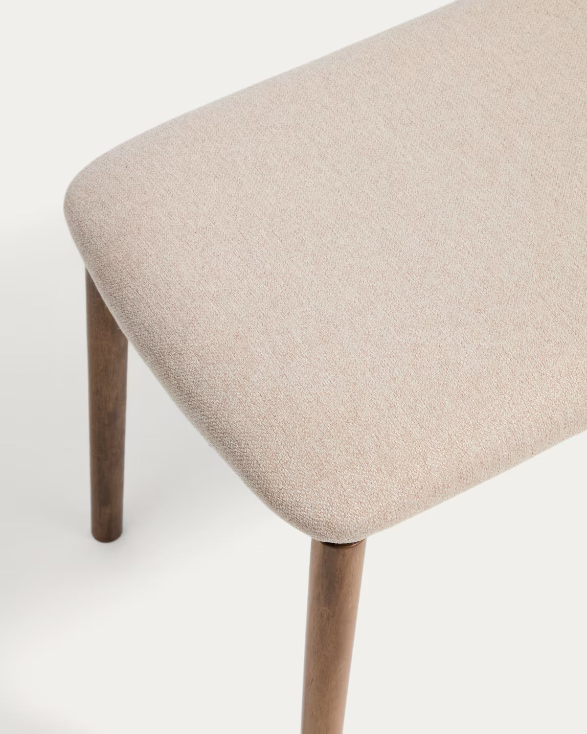 EVERA bench in beige chenille with a dark veneered oak base.