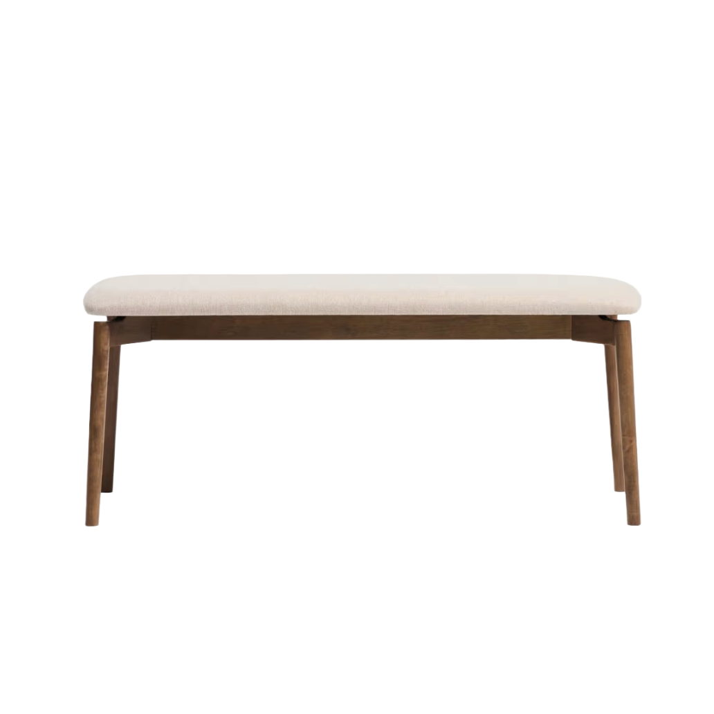 EVERA bench in beige chenille with a dark veneered oak base.