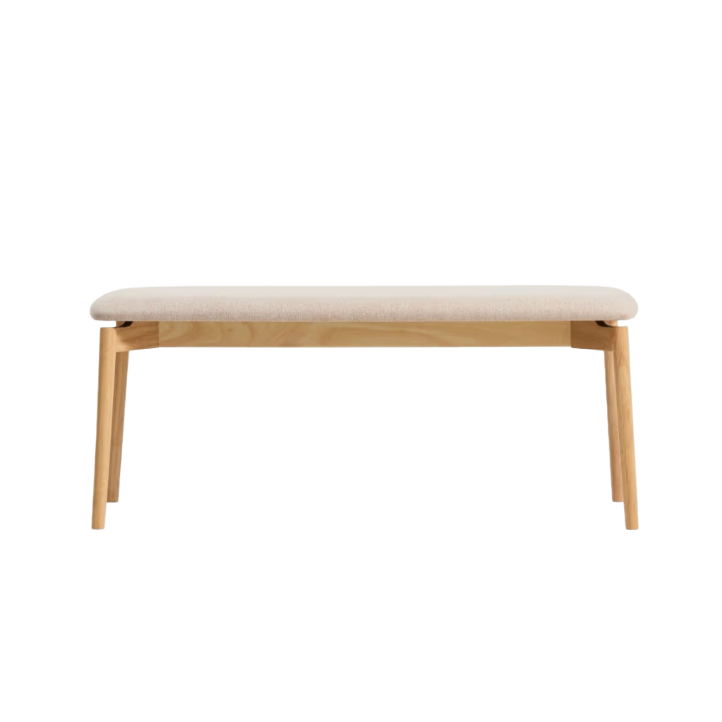 EVERA bench in beige chenille with a veneered oak base.