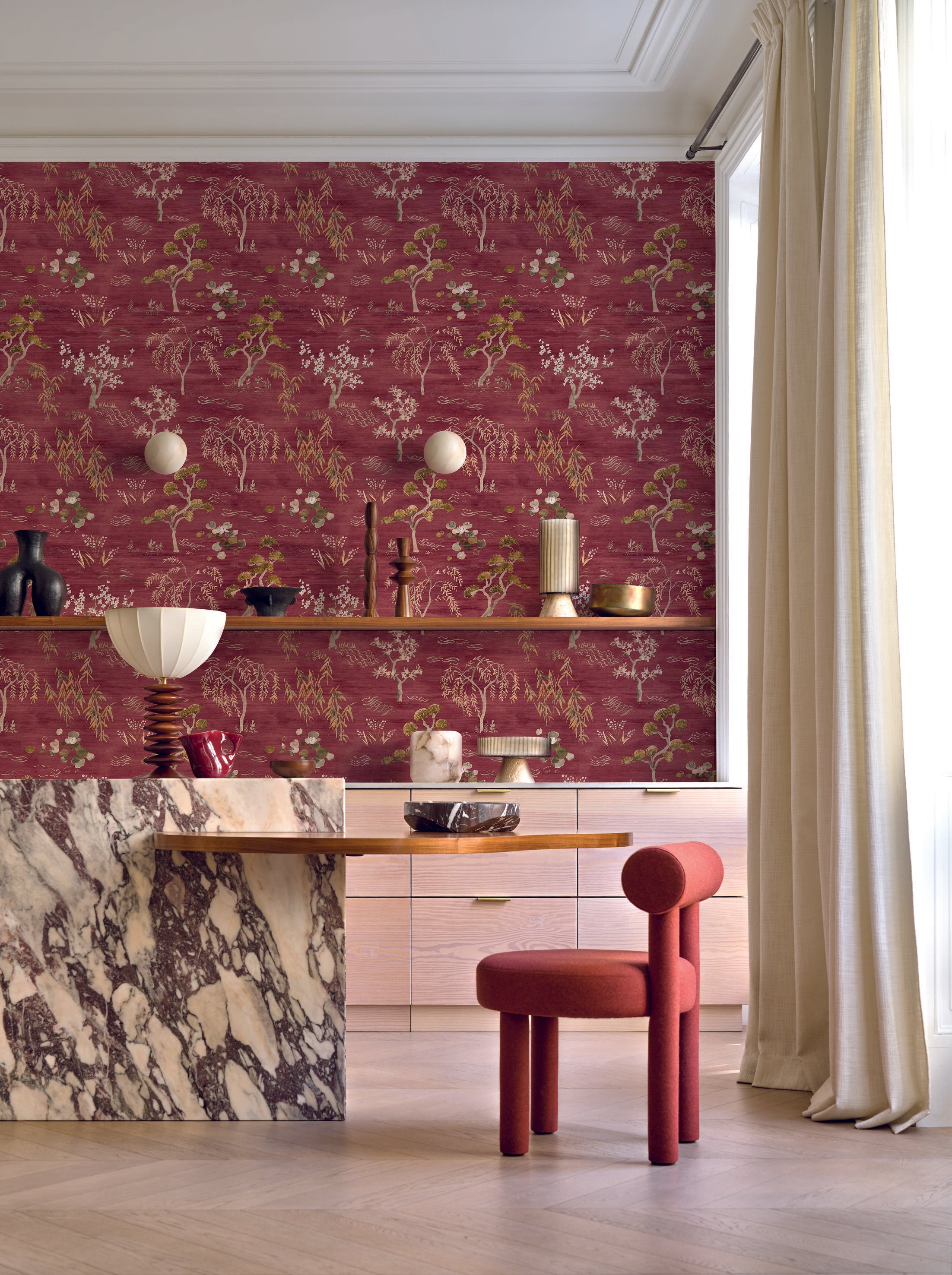 Tapeta strukturalna z motywem roślinnym AME - PÉTROLE/DORÉ ciemnobeżowy z morskim zielonym