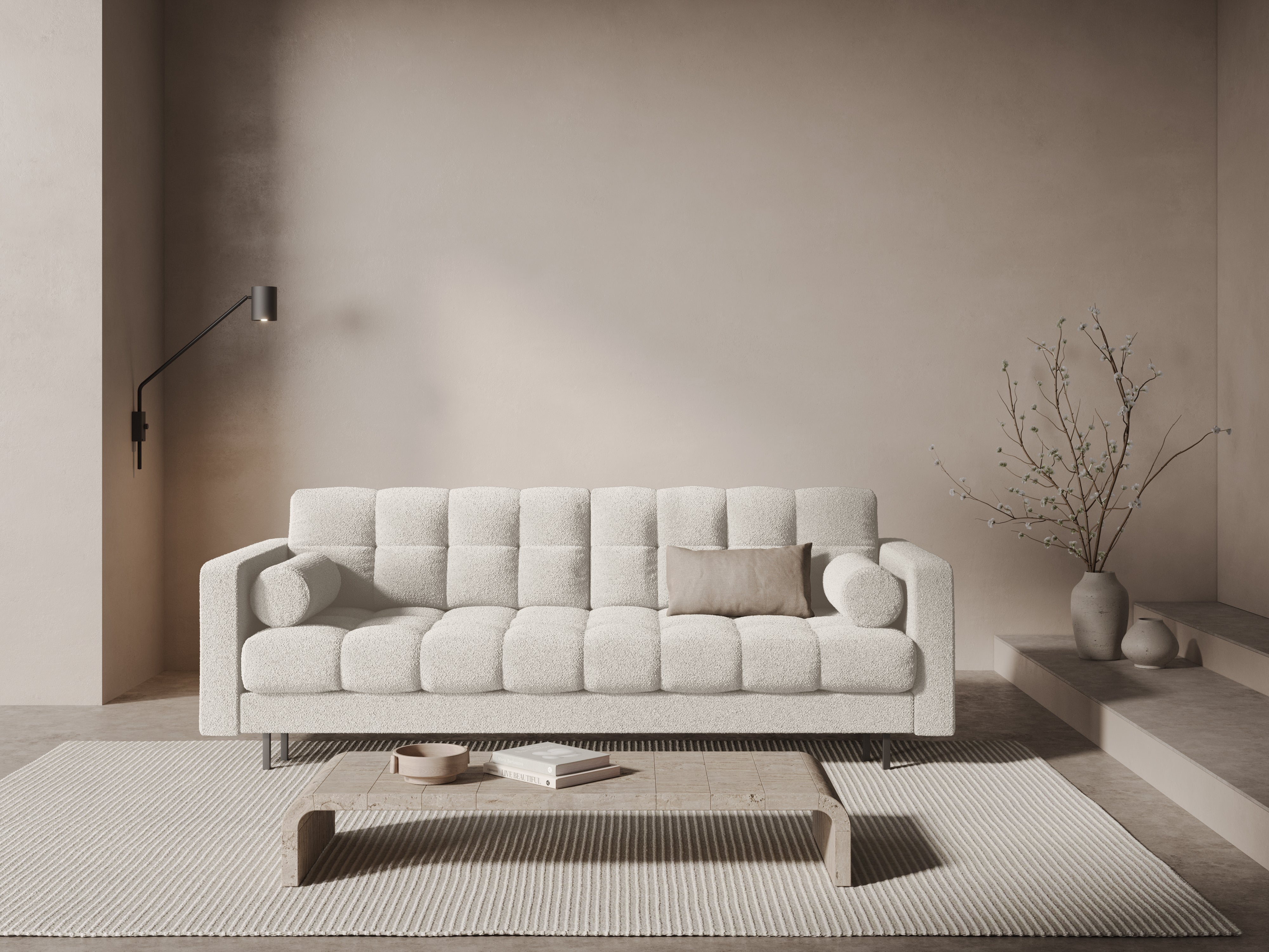 3-Sitzer-Sofa mit Schlaffunktion BALI weißer Bouclé mit schwarzem Untergestell