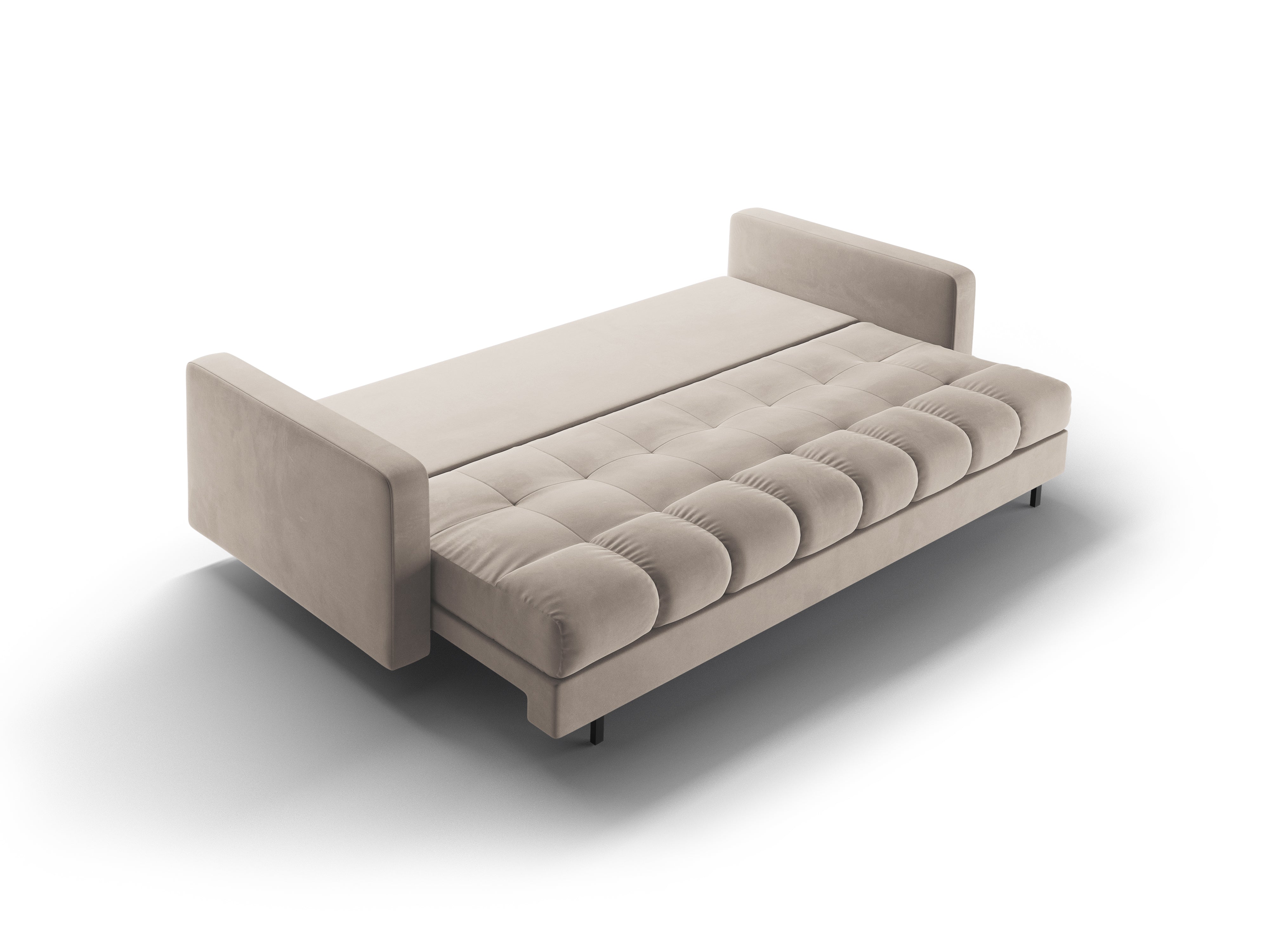 Beige 3-seater velvet sofa with sleeping function BALI with a black base