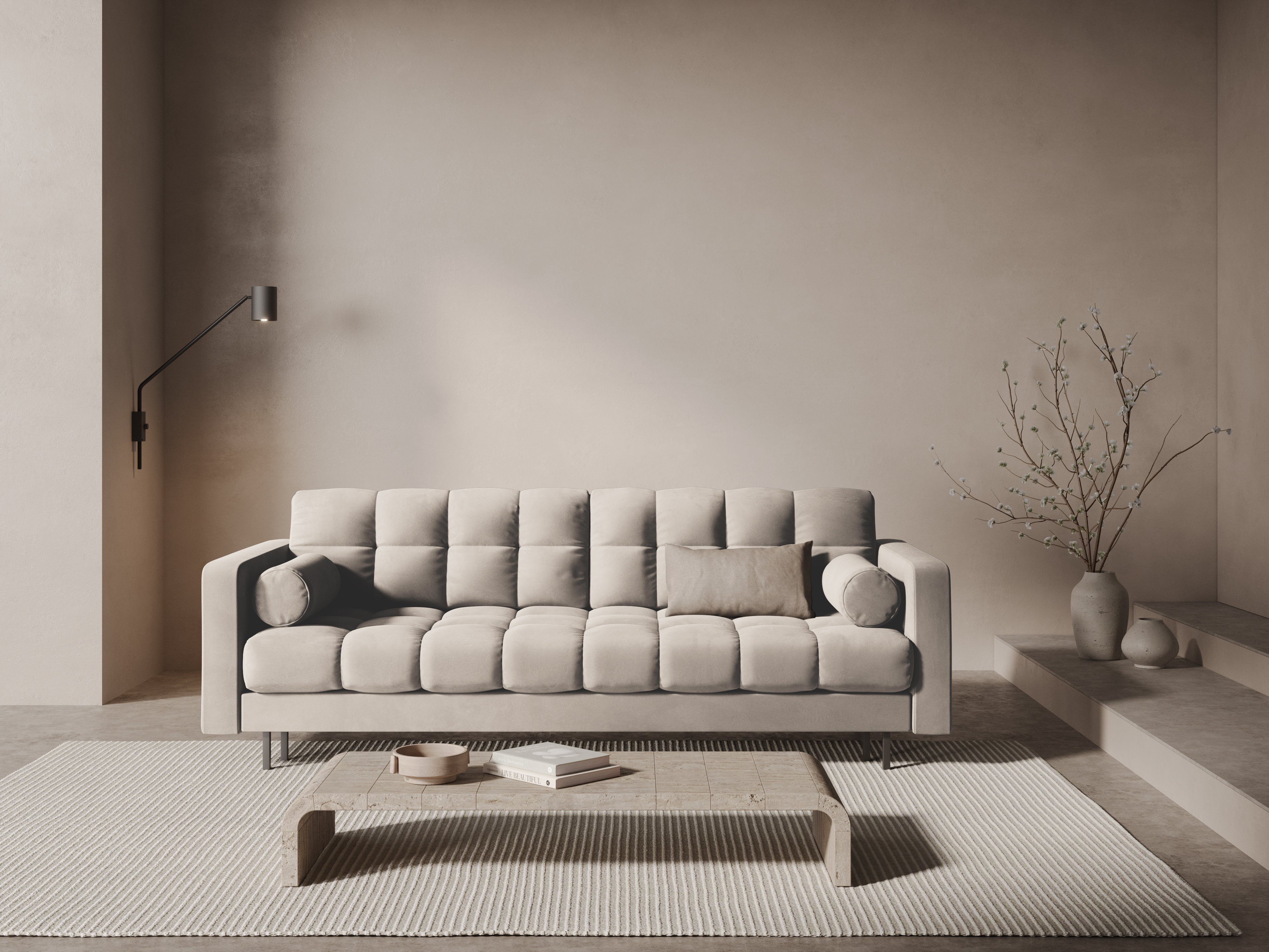 Beige 3-seater velvet sofa with sleeping function BALI with a black base