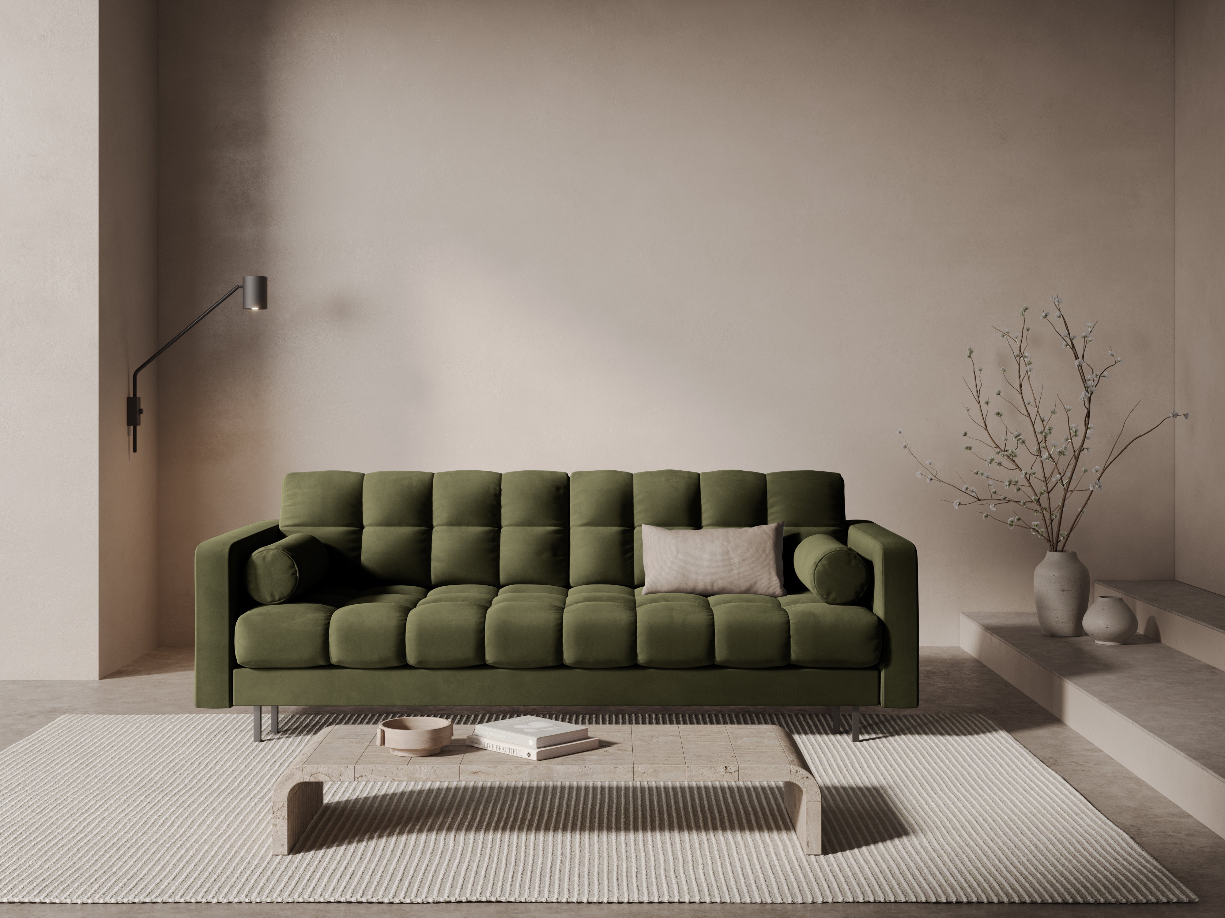 Samt 3-Sitzer Sofa mit Schlaffunktion BALI grün mit schwarzem Gestell