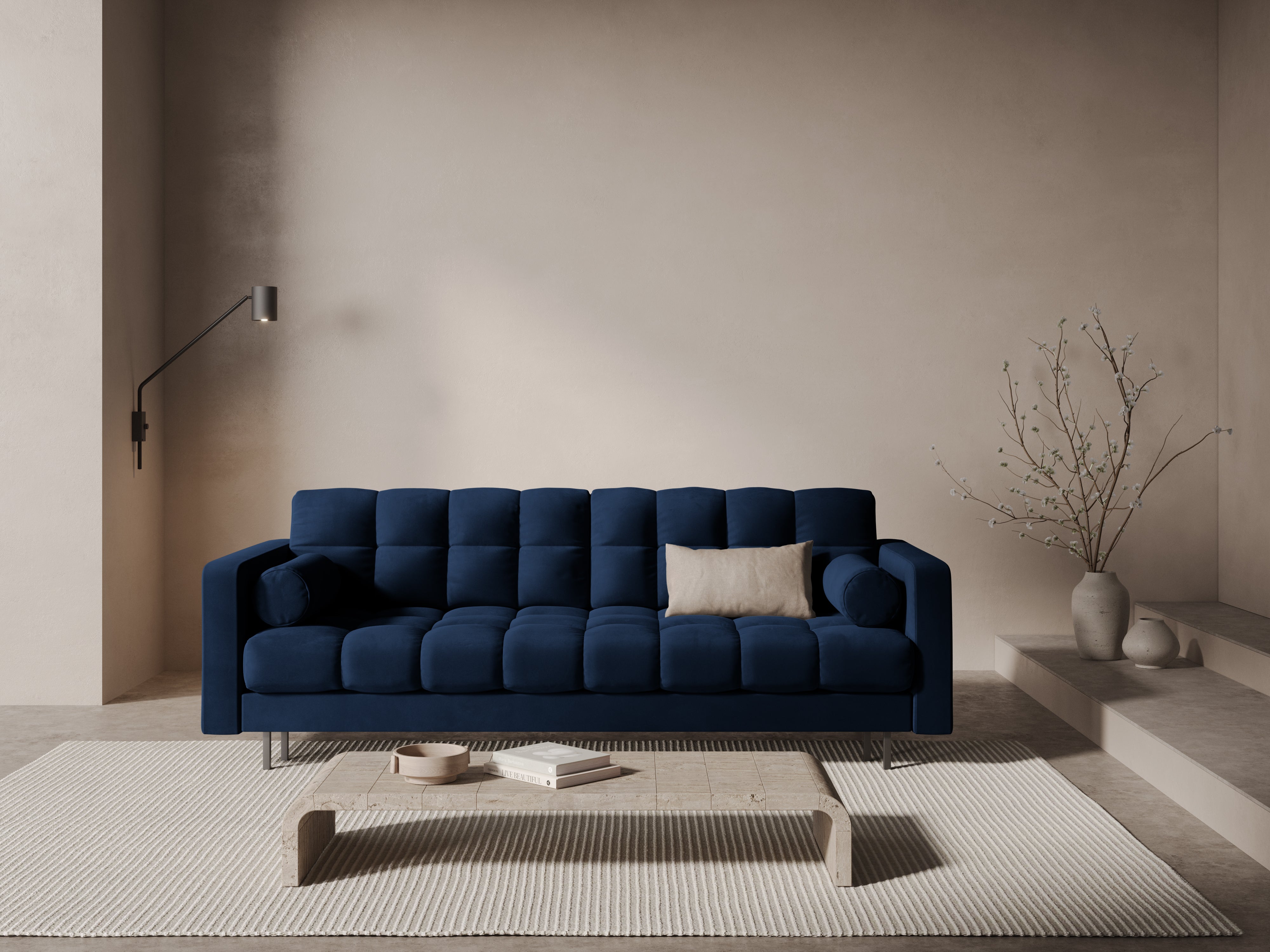 Velvet 3-seater sofa with sleeping function BALI royal navy with black base