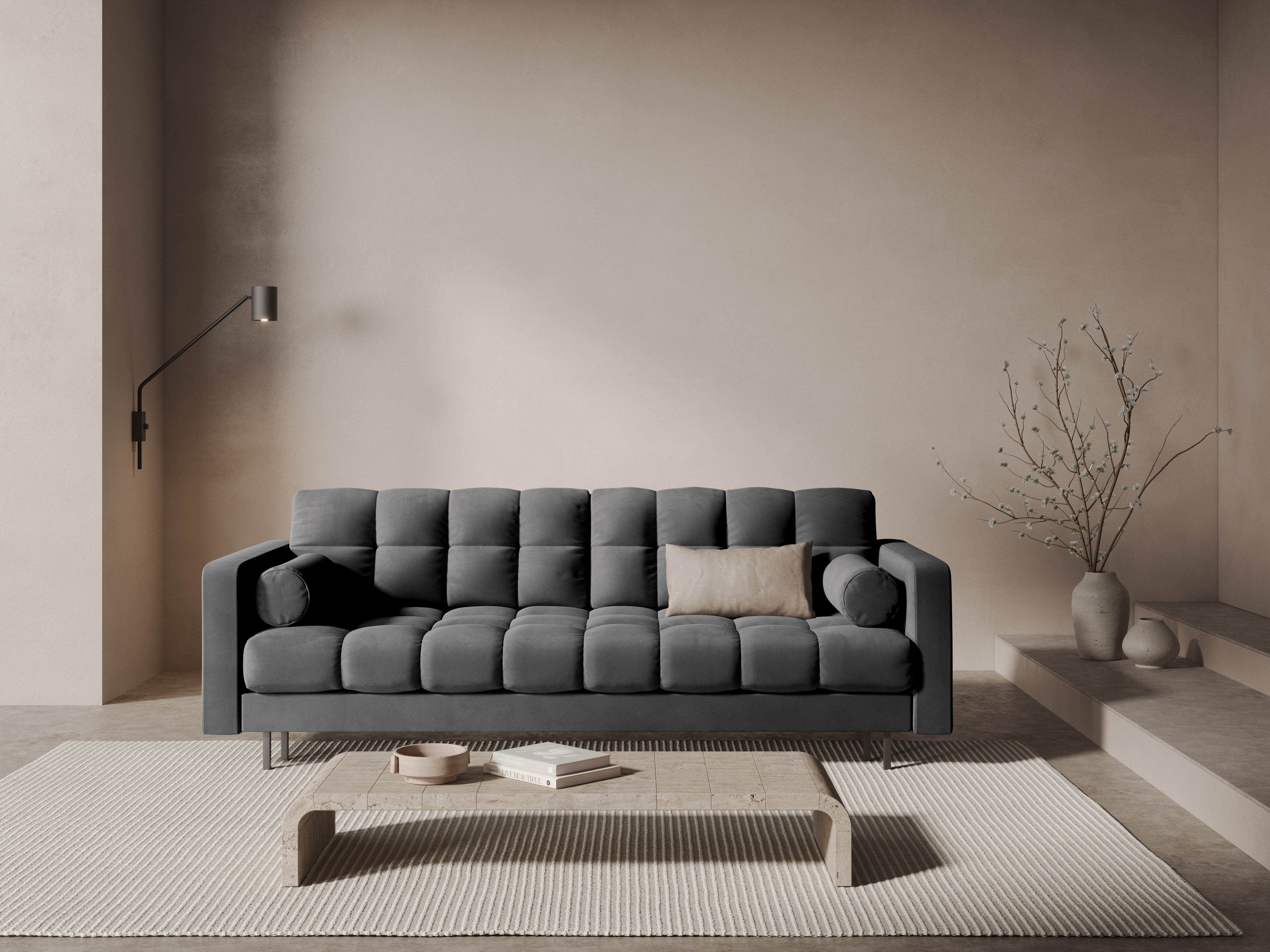 Samtsofa 3-Sitzer mit Schlaffunktion BALI grau mit schwarzem Untergestell