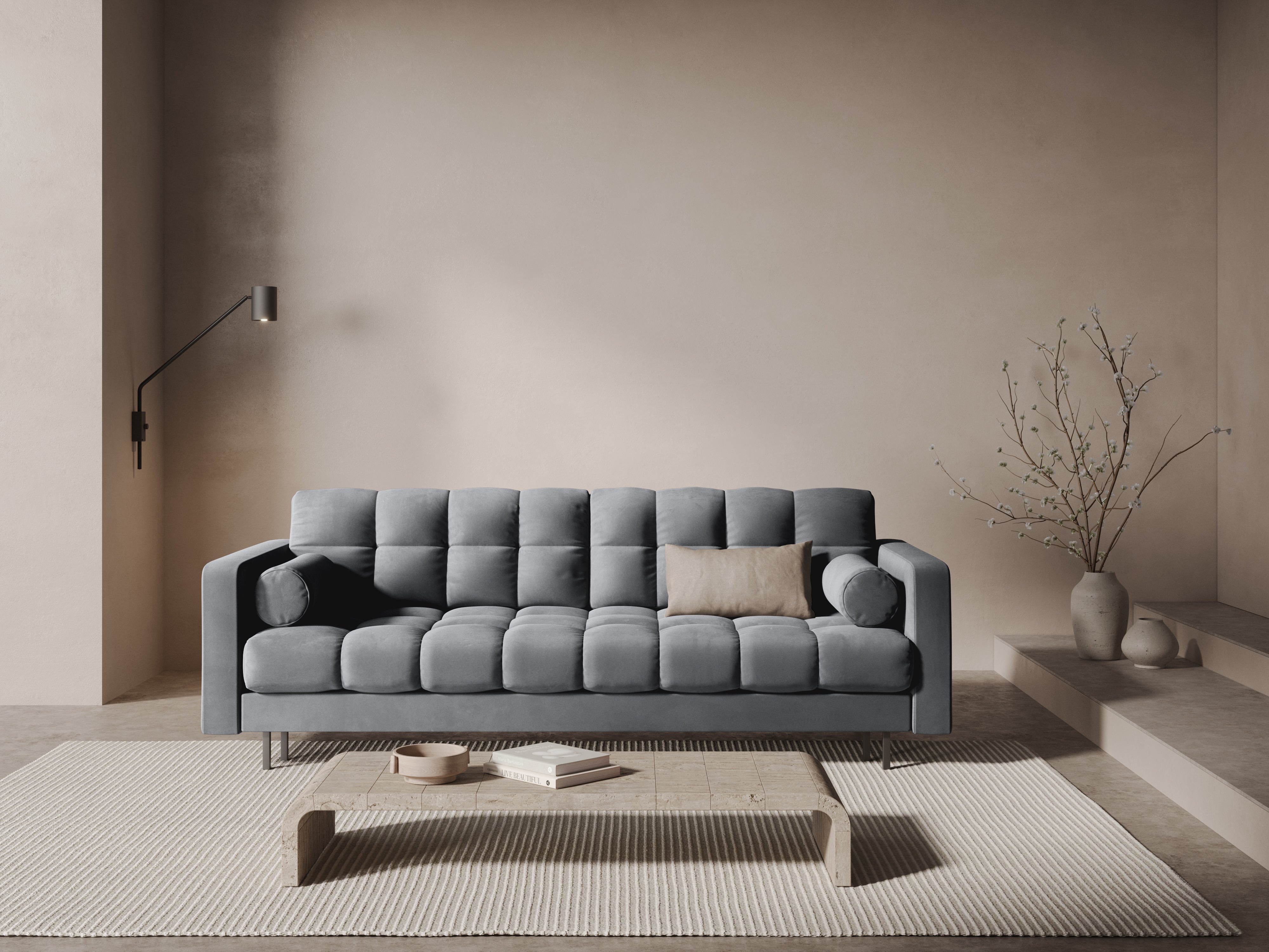 Samt 3-Sitzer Sofa mit Schlaffunktion BALI hellgrau mit schwarzem Gestell