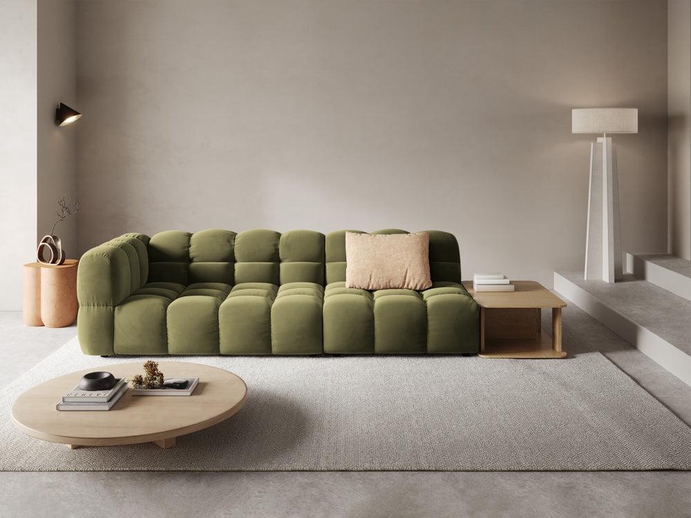 Right-sided 4-seater velvet sofa open with a light-green sky table