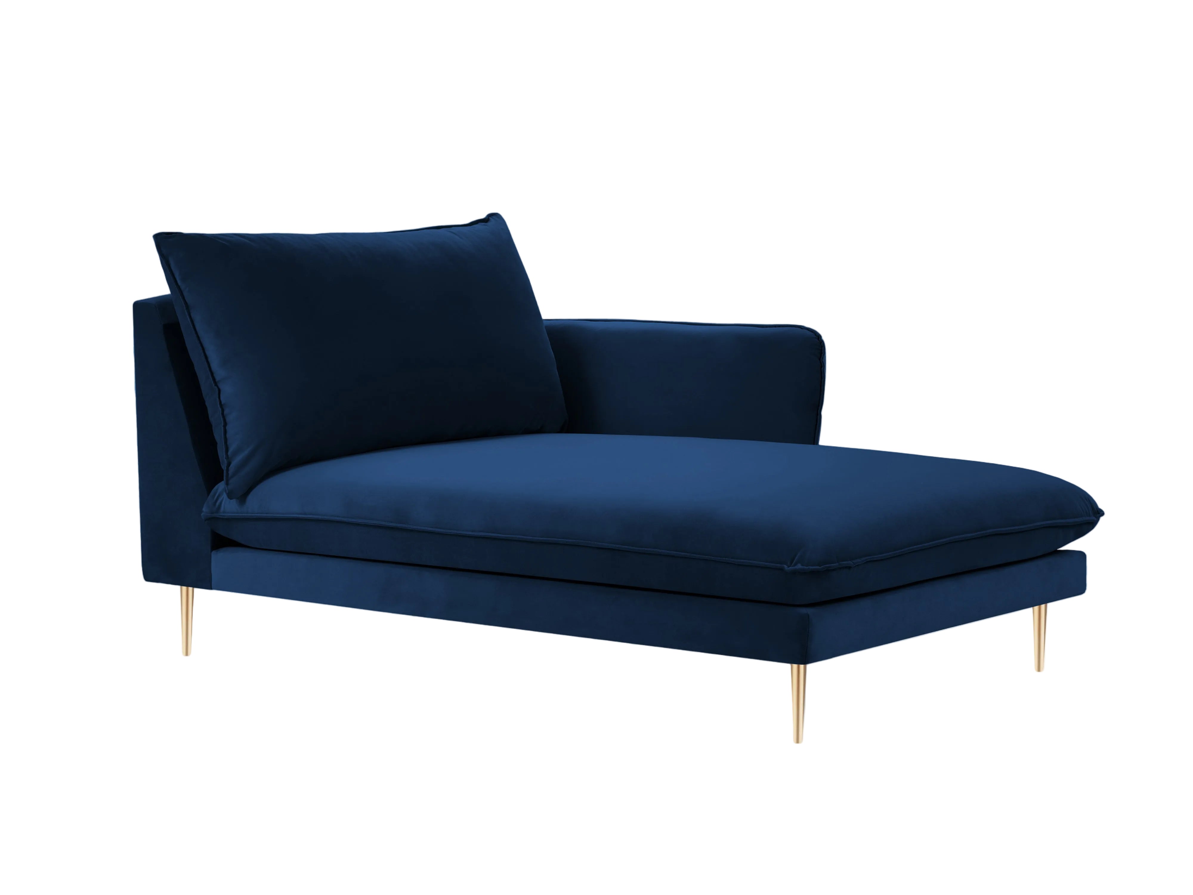 Right-facing velvet chaise longue VIENNA in royal blue with a gold base