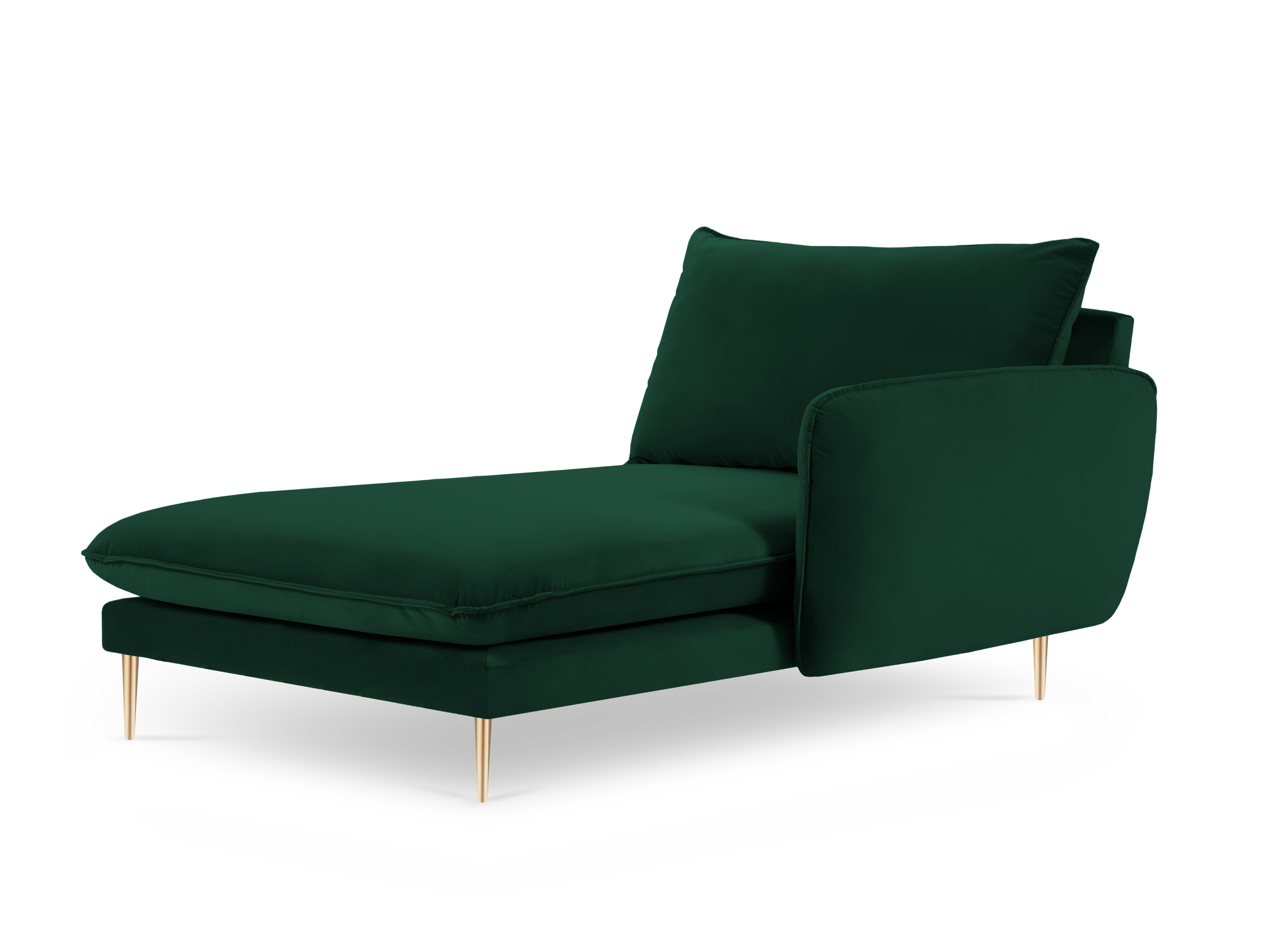 Right-facing velvet chaise longue VIENNA in bottle green with a gold base