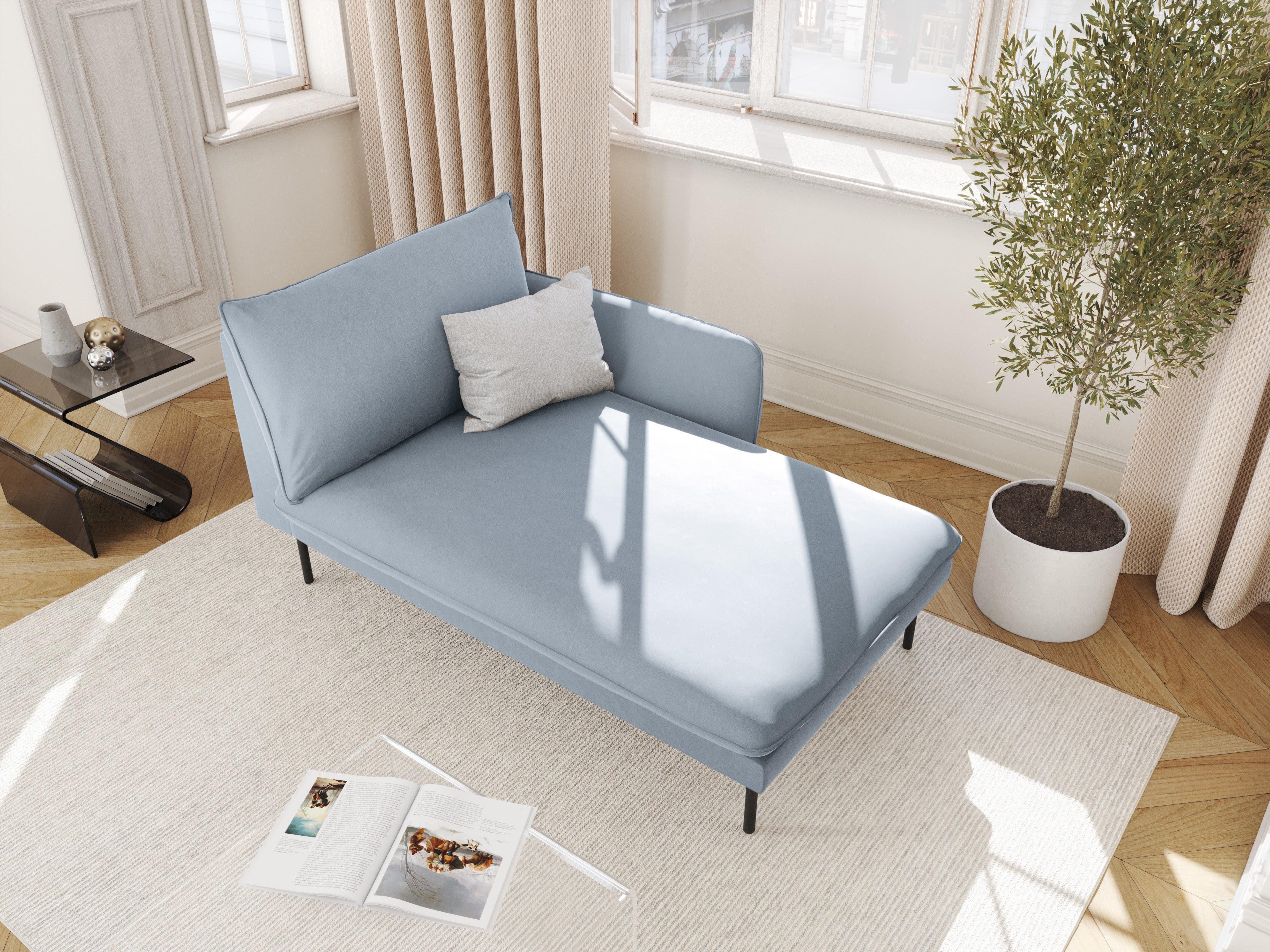 Right-facing velvet chaise longue VIENNA light blue with black base