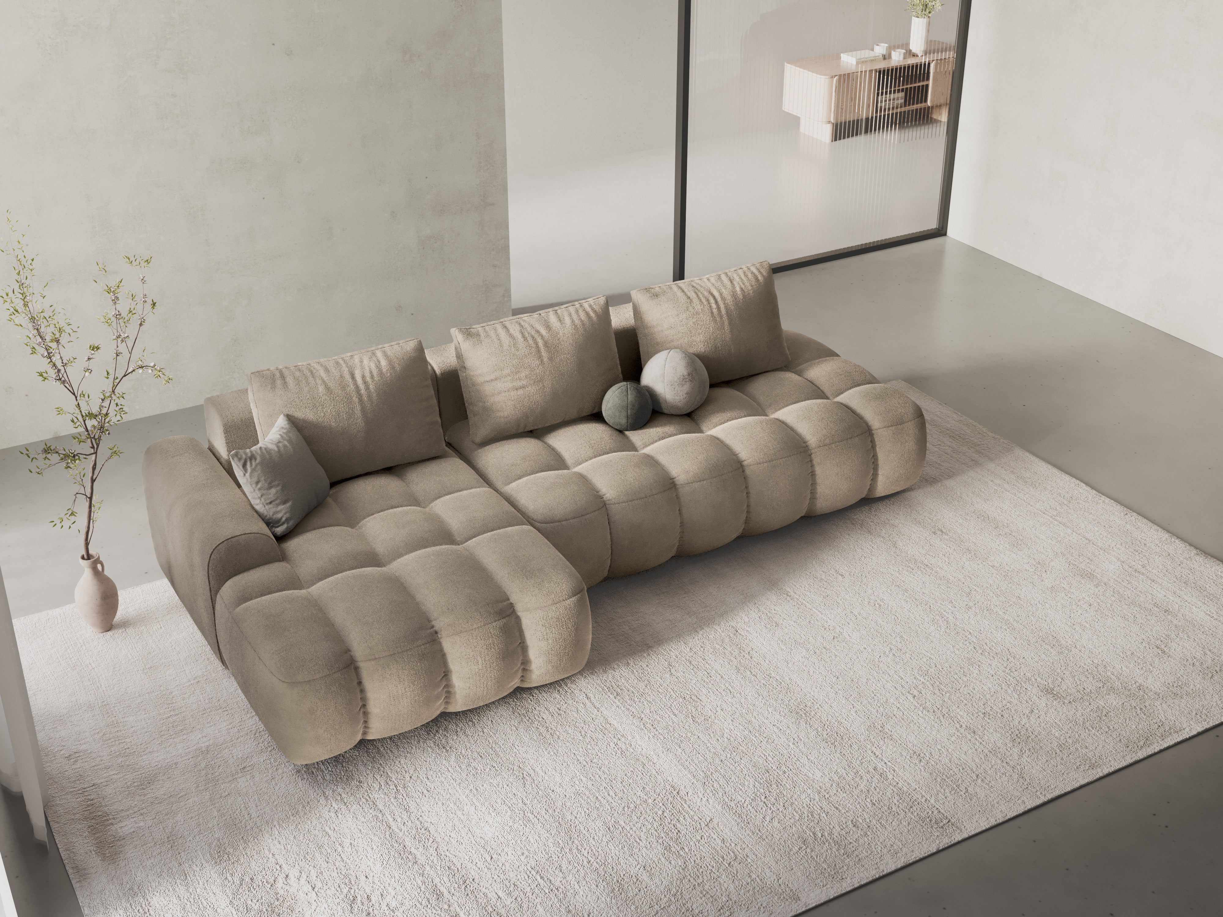 Samt-Ecksofa links mit Schlaffunktion für 3 Personen LINZ hellbeige