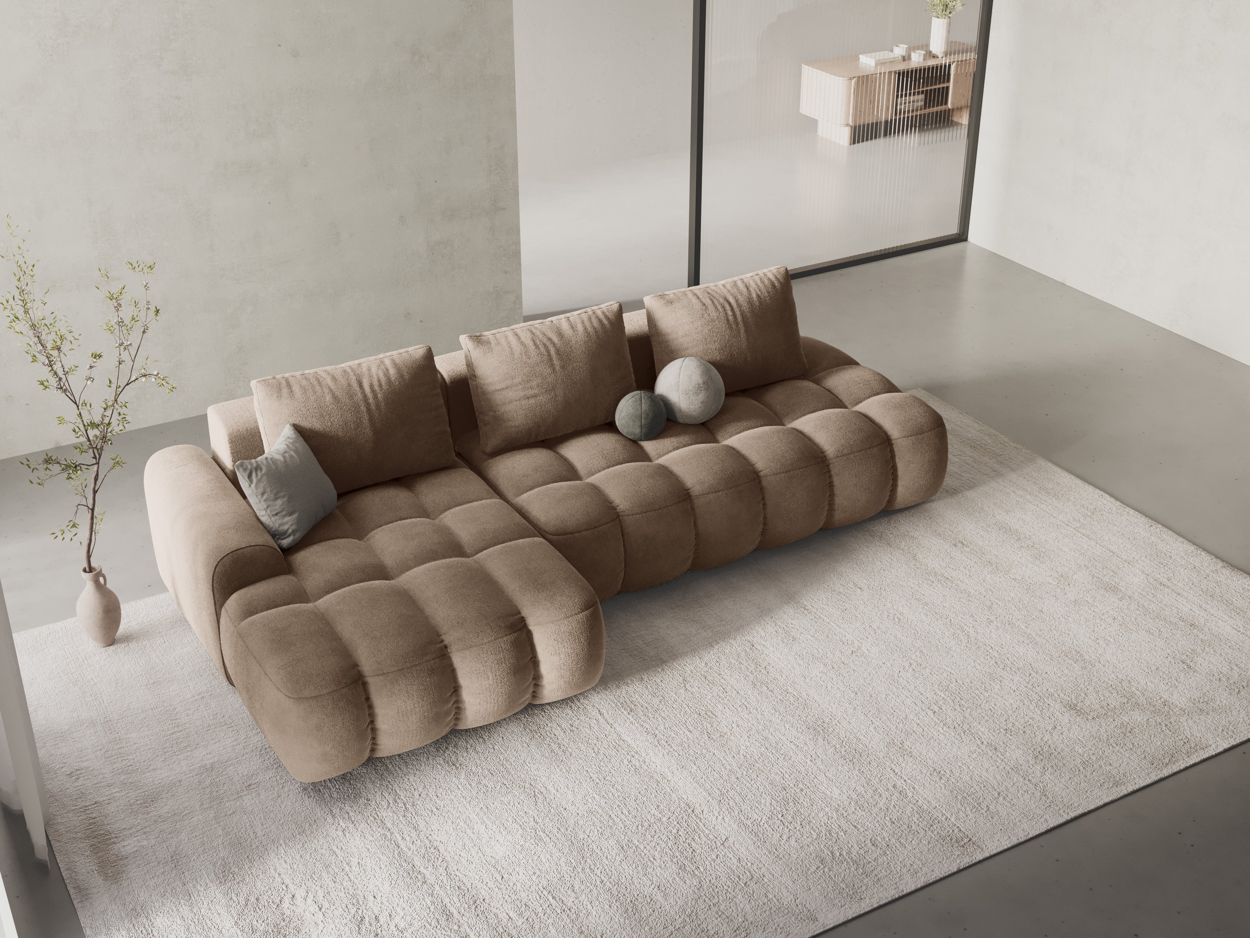 Samt-Ecksofa links mit Schlaffunktion 3-sitzig LINZ dunkelbeige