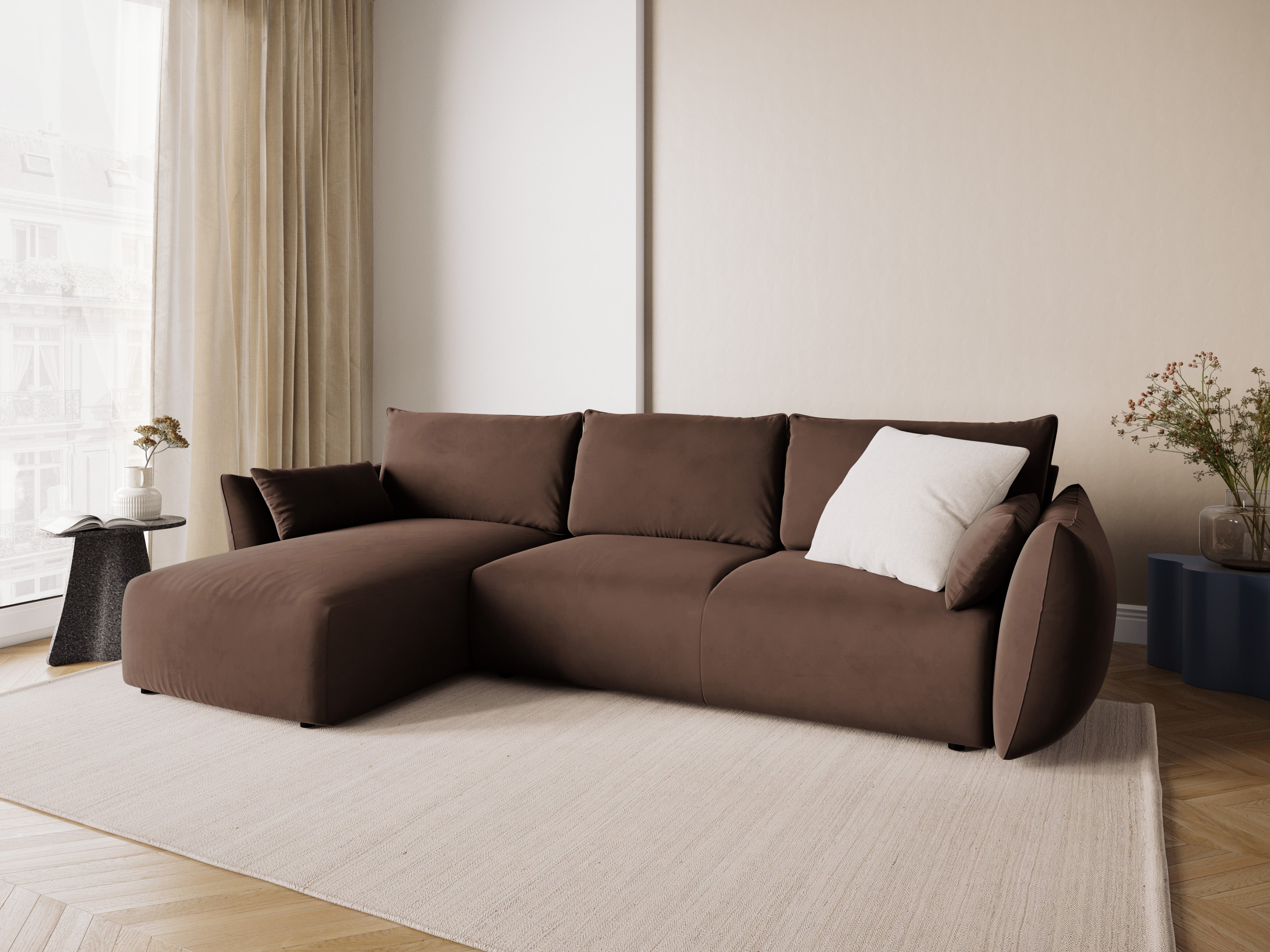 Left-facing velvet corner sofa with sleeping function MATERA chocolate